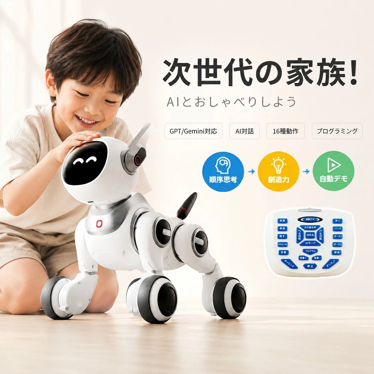 ＼今だけ！豪華特典プレゼント／商品到着後、レビューをご投稿いただいたお客様に【大人気ブロック玩具】をもれなくプレゼント！※詳細は商品ページの案内をご確認ください。ご購入前の重要なお知らせ【必須環境】2.4GHz帯のWi-Fi環境本製品の初期設定およびAI機能のご利用には「2.4GHz帯のWi-Fi」と専用アプリ「Tuya Smart」が必須です。※5GHzのみの環境では接続できません。AIの回答は通信環境やサーバー状況により変動する場合がございます。初回設定は必ず保護者様が行ってください。＼今だけ！豪華特典プレゼント／商品到着後、レビューをご投稿いただいたお客様に【大人気ブロック玩具】をもれなくプレゼント！※詳細は商品ページの案内をご確認ください。ご購入前の重要なお知らせ【必須環境】2.4GHz帯のWi-Fi環境本製品の初期設定およびAI機能のご利用には「2.4GHz帯のWi-Fi」と専用アプリ「Tuya Smart」が必須です。※5GHzのみの環境では接続できません。AIの回答は通信環境やサーバー状況により変動する場合がございます。初回設定は必ず保護者様が行ってください。好奇心に、最高の相棒を。ChatGPT & Gemini搭載！本物のように会話ができる次世代AIロボット犬★【AI対話】お子様の「なぜ？」が学びに変わる「どうして空は青いの？」「恐竜はなぜ絶滅したの？」日々のあふれる好奇心に、最先端のAI（ChatGPT / Gemini系モデル対応）が優しく、分かりやすく回答します。【保護者様へのおすすめポイント】ただ遊ぶだけでなく、対話を通して語彙力や表現力を育み、自然と自ら学ぶ習慣が身につきます。英語学習のサポートや百科質問にも対応しており、強力な教育サポート役となります。★【プログラミング】自分で考えて動かす楽しさ前進、右ターン、ダンスなど、22種類のコマンドを組み合わせて、ロボット犬に自分だけのオリジナルな動きを覚えさせることができます。【保護者様へのおすすめポイント】「どう組み合わせたら思い通りに動くかな？」と試行錯誤を繰り返すことで、遊びながらプログラミング的思考（論理的思考力や創造力）を楽しく養うことができます。★【16種のアクション】家族みんなの小さなショーにリモコンやスマホアプリ（Tuya Smart）からの直感的な操作で、歩く、滑る、歌う、踊る、甘えるなど、豊かな16種類のアクションを披露します！【保護者様へのおすすめポイント】愛らしい動きで飽きが来ず、家族のコミュニケーションのきっかけになります。さらに顔のスクリーンには多彩な表情のほか、時刻・天気・地域情報も表示可能で、朝の身支度の習慣づけなど毎日の生活にも役立ちます。＼大切な贈り物だからこそ、絶対の安心をお約束／【日本の電気用品安全法(PSE)適合済】 × 【安心のメーカー1年保証】万が一の初期不良や故障の際も、日本語サポートデスクがしっかり対応いたします。お誕生日、クリスマス、ご入学祝いなど、特別な日のプレゼントに自信を持っておすすめします！サイズ / 重量約 幅21 × 奥行28 × 高さ27cm / 約1.5kgバッテリー本体：1000mAh (Type-C充電)リモコン：単4電池×2本 (別売り)保証と認証メーカー1年保証 / PSE認証取得済み必須環境2.4GHz帯のWi-Fi環境 / 専用アプリ「Tuya Smart」※5GHzのみの環境では接続不可メーカー希望小売価格はメーカーサイトに基づいて掲載していますメーカー希望小売価格はメーカーサイトに基づいて掲載していますメーカー希望小売価格はメーカーサイトに基づいて掲載しています＼今だけ！豪華特典プレゼント／商品到着後、レビューをご投稿いただいたお客様に【大人気ブロック玩具】をもれなくプレゼント！※詳細は商品ページの案内をご確認ください。ご購入前の重要なお知らせ【必須環境】2.4GHz帯のWi-Fi環境本製品の初期設定およびAI機能のご利用には「2.4GHz帯のWi-Fi」と専用アプリ「Tuya Smart」が必須です。※5GHzのみの環境では接続できません。AIの回答は通信環境やサーバー状況により変動する場合がございます。初回設定は必ず保護者様が行ってください。＼今だけ！豪華特典プレゼント／商品到着後、レビューをご投稿いただいたお客様に【大人気ブロック玩具】をもれなくプレゼント！※詳細は商品ページの案内をご確認ください。ご購入前の重要なお知らせ【必須環境】2.4GHz帯のWi-Fi環境本製品の初期設定およびAI機能のご利用には「2.4GHz帯のWi-Fi」と専用アプリ「Tuya Smart」が必須です。※5GHzのみの環境では接続できません。AIの回答は通信環境やサーバー状況により変動する場合がございます。初回設定は必ず保護者様が行ってください。好奇心に、最高の相棒を。ChatGPT & Gemini搭載！本物のように会話ができる次世代AIロボット犬★【AI対話】お子様の「なぜ？」が学びに変わる「どうして空は青いの？」「恐竜はなぜ絶滅したの？」日々のあふれる好奇心に、最先端のAI（ChatGPT / Gemini系モデル対応）が優しく、分かりやすく回答します。【保護者様へのおすすめポイント】ただ遊ぶだけでなく、対話を通して語彙力や表現力を育み、自然と自ら学ぶ習慣が身につきます。英語学習のサポートや百科質問にも対応しており、強力な教育サポート役となります。★【プログラミング】自分で考えて動かす楽しさ前進、右ターン、ダンスなど、22種類のコマンドを組み合わせて、ロボット犬に自分だけのオリジナルな動きを覚えさせることができます。【保護者様へのおすすめポイント】「どう組み合わせたら思い通りに動くかな？」と試行錯誤を繰り返すことで、遊びながらプログラミング的思考（論理的思考力や創造力）を楽しく養うことができます。★【16種のアクション】家族みんなの小さなショーにリモコンやスマホアプリ（Tuya Smart）からの直感的な操作で、歩く、滑る、歌う、踊る、甘えるなど、豊かな16種類のアクションを披露します！【保護者様へのおすすめポイント】愛らしい動きで飽きが来ず、家族のコミュニケーションのきっかけになります。さらに顔のスクリーンには多彩な表情のほか、時刻・天気・地域情報も表示可能で、朝の身支度の習慣づけなど毎日の生活にも役立ちます。＼大切な贈り物だからこそ、絶対の安心をお約束／【日本の電気用品安全法(PSE)適合済】 × 【安心のメーカー1年保証】万が一の初期不良や故障の際も、日本語サポートデスクがしっかり対応いたします。お誕生日、クリスマス、ご入学祝いなど、特別な日のプレゼントに自信を持っておすすめします！サイズ / 重量約 幅21 × 奥行28 × 高さ27cm / 約1.5kgバッテリー本体：1000mAh (Type-C充電)リモコン：単4電池×2本 (別売り)保証と認証メーカー1年保証 / PSE認証取得済み必須環境2.4GHz帯のWi-Fi環境 / 専用アプリ「Tuya Smart」※5GHzのみの環境では接続不可メーカー希望小売価格はメーカーサイトに基づいて掲載していますメーカー希望小売価格はメーカーサイトに基づいて掲載していますメーカー希望小売価格はメーカーサイトに基づいて掲載しています
