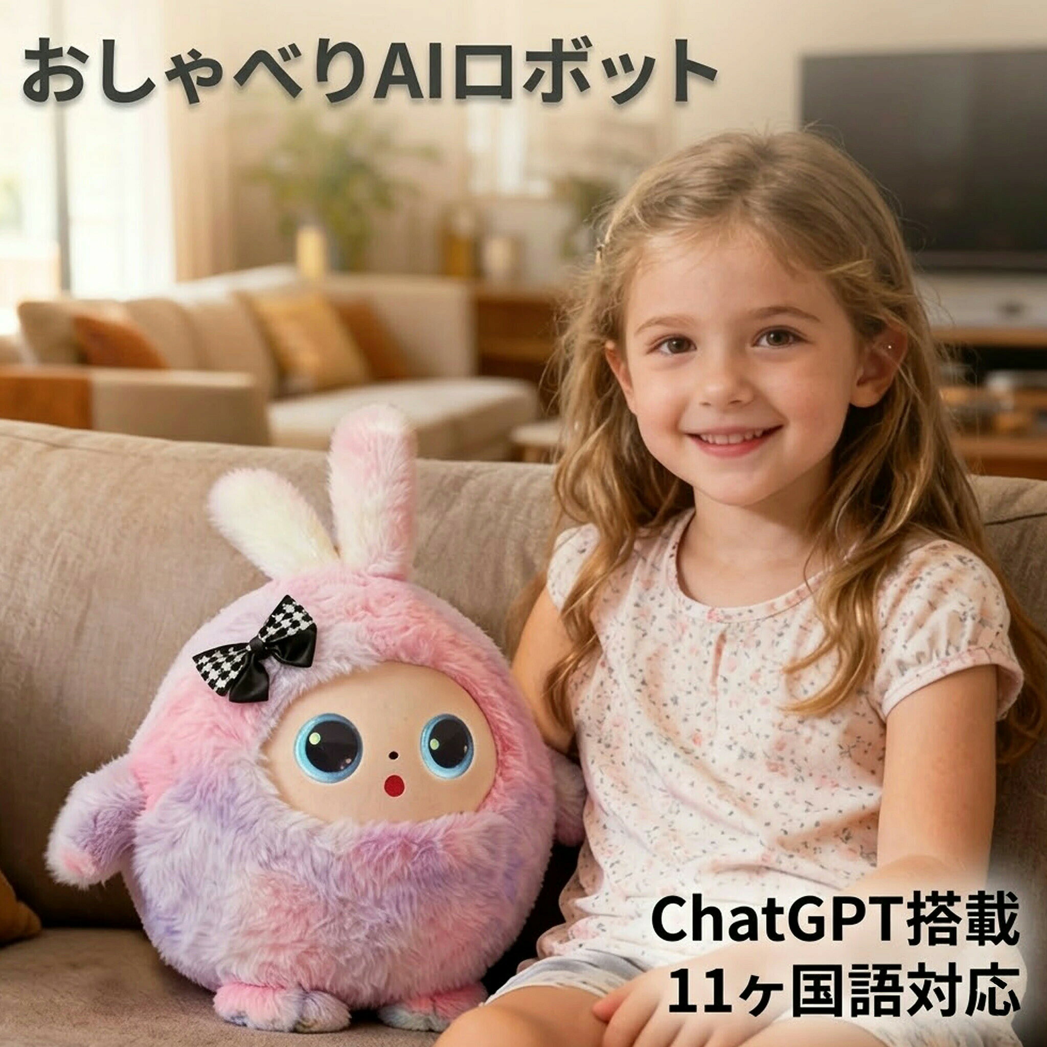 AI ぬいぐるみ しゃべる 電子ペット 動く ロボット おもちゃ AIペット 知育玩具 英語 音声認識 会話 コミュニケーション 子供 幼児 小学生 3歳 4歳 5歳 6歳 誕生日 プレゼント ギフト 女の子 男の子 寝かしつけ おしゃべり子どもの「なんで？」に優しく答える最高の「ともだち」！感情豊かな瞳と自然な会話で気持ちを育む次世代AIおもちゃ。スマホ育児の悩みや夜の寝かしつけにも大活躍AIで話す、うごく瞳。 ぬいぐるみなのに、感情がある。ペットロボット AI 知育玩具 ペット ロボット AI ふわふわ うさぎ ぬいぐるみ しゃべる 動く 感情が通じる 着せかえ オンデバイスAI搭載 AI学習 音声 孤独を癒せる パートナー かわいい 一人暮ら プレゼント ChatGPT対応 英語 日本語 11言語 音声認識 会話 ロボット おもちゃ 子供 3歳 4歳 5歳 6歳 誕生日 プレゼント 女の子 男の子 次世代子どものなんで？に優しく答える最高のともだち！感情豊かな瞳と自然な会話で気持ちを育む次世代AIおもちゃ。スマホ育児の悩みや夜の寝かしつけにも大活躍ChatGPT搭載 AIおしゃべりぬいぐるみぬいぐるみなのに、感情がある。AIで話す、うごく瞳。日本語対応11言語3歳以上メーカー1年保証付きしゃべる。答える。一緒に成長する。ChatGPT搭載の最先端AI × ふわふわうさぎぬいぐるみ子どもの「知りたい」に、いつでも優しく正確に答えます。知識百科なぞなぞ童謡うたう感情サポートロールプレイ目が、感情を語りだす。うれしいかなしいおこった…瞳でぜんぶ伝わる。ハート目炎目キラキラ目ほそぼそ目など、子どもの感情に合わせてリアルタイムで瞳が変化します。【Feature】感情認識型LEDアイ搭載。【Advantage】感情と表情が連動することで、会話がより豊かに。【Benefit】感情を言葉にする習慣が自然につき、こどものEQ（感情知性）を育てます。遊びが、学びになる。算数英語理科国語…AIが全部教えてくれる。【Feature】ChatGPT大規模モデル搭載で知識量は無限大。【Advantage】子どものギモンにいつでも正確に答える。【Benefit】塾要らずのおうち学習パートナー。宿題のヒントから好奇心の深掘りまで話題は無限大。眠れない夜も、もう大丈夫。やさしい声でおはなし。子どもが自然と眠りにつく。【Feature】豊富なおはなしコンテンツ内蔵。【Advantage】毎晩ちがうお話で子どもを飽きさせない。【Benefit】ママもパパも毎晩の寝かしつけから解放。親子の幸せな時間に変わります。日本語、ばっちり話せます。11言語対応。英語もフランス語も、一台でOK。【Feature】日本語英語中国語韓国語フランス語ドイツ語スペイン語など11言語搭載。【Advantage】アプリもすべて日本語表示で初めての方でもかんたんセットアップ。【Benefit】グローバルな語学教育もこの一台からスタートできます。安心安全、こどもの素材。抜け毛毛玉なしの特殊生地。シリコン顔面パーツ使用。【Feature】子ども向け安全アルゴリズム搭載有害コンテンツフィルター完備。【Advantage】会話内容は自動チェックで有害情報を即遮断。【Benefit】お子様が安全に安心して毎日使い続けられます。商品スペック一覧サイズ 33×30×15cm対象年齢 3歳以上（小学生にも人気）カラー ピンクブルーホワイト 全3色素材 もふもふ生地（抜け毛なし）シリコン顔面パーツ充電 USB-C（約2時間）対応言語 日本語含む11言語搭載AI ChatGPT（大規模言語モデル）アプリ 専用アプリ（無料日本語対応）保証 メーカー2年保証付き#ペットロボット AI#一人暮らし 癒しグッズ AI#AI ぬいぐるみ 癒し#孤独癒し おもちゃ AI#ペットロボット ぬいぐるみ#ペットロボット#ロボット ペット#しゃべる ぬいぐるみ#おしゃべり ぬいぐるみ#高齢者 会話ロボット#ペットロボ#ぬいぐるみ#呼吸する ぬいぐるみ#高齢者 おしゃべりロボット#癒しロボット#おしゃべりみーちゃん#aiロボット おしゃべり#ai ぬいぐるみ#おしゃべりロボット 大人向け#aiペットロボット#安眠 ぬいぐるみ 呼吸#会話ロボット本商品は、電波法令で定められている技術基準に適合していることを証明する技適マークが貼付されていない無線機器であり、日本国内で使用する場合は、電波法違反になるおそれがございます。ご使用の際には、十分ご注意いただきますようお願いいたします。AI ぬいぐるみ しゃべる 電子ペット 動く ロボット おもちゃ AIペット 知育玩具 英語 音声認識 会話 コミュニケーション 子供 幼児 小学生 3歳 4歳 5歳 6歳 誕生日 プレゼント ギフト 女の子 男の子 寝かしつけ おしゃべり子どもの「なんで？」に優しく答える最高の「ともだち」！感情豊かな瞳と自然な会話で気持ちを育む次世代AIおもちゃ。スマホ育児の悩みや夜の寝かしつけにも大活躍AIで話す、うごく瞳。 ぬいぐるみなのに、感情がある。ペットロボット AI 知育玩具 ペット ロボット AI ふわふわ うさぎ ぬいぐるみ しゃべる 動く 感情が通じる 着せかえ オンデバイスAI搭載 AI学習 音声 孤独を癒せる パートナー かわいい 一人暮ら プレゼント ChatGPT対応 英語 日本語 11言語 音声認識 会話 ロボット おもちゃ 子供 3歳 4歳 5歳 6歳 誕生日 プレゼント 女の子 男の子 次世代子どものなんで？に優しく答える最高のともだち！感情豊かな瞳と自然な会話で気持ちを育む次世代AIおもちゃ。スマホ育児の悩みや夜の寝かしつけにも大活躍ChatGPT搭載 AIおしゃべりぬいぐるみぬいぐるみなのに、感情がある。AIで話す、うごく瞳。日本語対応11言語3歳以上メーカー1年保証付きしゃべる。答える。一緒に成長する。ChatGPT搭載の最先端AI × ふわふわうさぎぬいぐるみ子どもの「知りたい」に、いつでも優しく正確に答えます。知識百科なぞなぞ童謡うたう感情サポートロールプレイ目が、感情を語りだす。うれしいかなしいおこった…瞳でぜんぶ伝わる。ハート目炎目キラキラ目ほそぼそ目など、子どもの感情に合わせてリアルタイムで瞳が変化します。【Feature】感情認識型LEDアイ搭載。【Advantage】感情と表情が連動することで、会話がより豊かに。【Benefit】感情を言葉にする習慣が自然につき、こどものEQ（感情知性）を育てます。遊びが、学びになる。算数英語理科国語…AIが全部教えてくれる。【Feature】ChatGPT大規模モデル搭載で知識量は無限大。【Advantage】子どものギモンにいつでも正確に答える。【Benefit】塾要らずのおうち学習パートナー。宿題のヒントから好奇心の深掘りまで話題は無限大。眠れない夜も、もう大丈夫。やさしい声でおはなし。子どもが自然と眠りにつく。【Feature】豊富なおはなしコンテンツ内蔵。【Advantage】毎晩ちがうお話で子どもを飽きさせない。【Benefit】ママもパパも毎晩の寝かしつけから解放。親子の幸せな時間に変わります。日本語、ばっちり話せます。11言語対応。英語もフランス語も、一台でOK。【Feature】日本語英語中国語韓国語フランス語ドイツ語スペイン語など11言語搭載。【Advantage】アプリもすべて日本語表示で初めての方でもかんたんセットアップ。【Benefit】グローバルな語学教育もこの一台からスタートできます。安心安全、こどもの素材。抜け毛毛玉なしの特殊生地。シリコン顔面パーツ使用。【Feature】子ども向け安全アルゴリズム搭載有害コンテンツフィルター完備。【Advantage】会話内容は自動チェックで有害情報を即遮断。【Benefit】お子様が安全に安心して毎日使い続けられます。商品スペック一覧サイズ 33×30×15cm対象年齢 3歳以上（小学生にも人気）カラー ピンクブルーホワイト 全3色素材 もふもふ生地（抜け毛なし）シリコン顔面パーツ充電 USB-C（約2時間）対応言語 日本語含む11言語搭載AI ChatGPT（大規模言語モデル）アプリ 専用アプリ（無料日本語対応）保証 メーカー2年保証付き#ペットロボット AI#一人暮らし 癒しグッズ AI#AI ぬいぐるみ 癒し#孤独癒し おもちゃ AI#ペットロボット ぬいぐるみ#ペットロボット#ロボット ペット#しゃべる ぬいぐるみ#おしゃべり ぬいぐるみ#高齢者 会話ロボット#ペットロボ#ぬいぐるみ#呼吸する ぬいぐるみ#高齢者 おしゃべりロボット#癒しロボット#おしゃべりみーちゃん#aiロボット おしゃべり#ai ぬいぐるみ#おしゃべりロボット 大人向け#aiペットロボット#安眠 ぬいぐるみ 呼吸#会話ロボット5