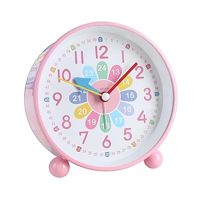 HOTIYOK 知育時計 置き時計 子供 学習時計 アナログ時計 24時間表示 補助数字付き 静音 子供用 生徒用 目覚まし時計として使用できます常夜灯付き 時計を読む練習と時間の学習に便利 直径約11cm (ピンク)