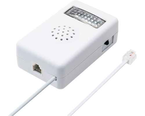 【商品説明】 ・電話機に接続して、発光とベル音で着信をお知らせするフラッシュリンガー。 ・壁掛けにも対応し設置場所を選ばない、コンパクトタイプ。 ・使用している電話機に接続するだけの簡単接続。 ・視認性に優れた白色LEDが光ってお知らせ。 ・約95dBの大音量ベルを搭載。 ・環境に合わせて選べる2パターンのお知らせ方法。 【仕様】 ●サイズ／幅5.7×奥行9.3×厚さ3.1cm、ケーブル長さ：約50cm ●重さ／72g ●材質／ABS ●生産国／中国