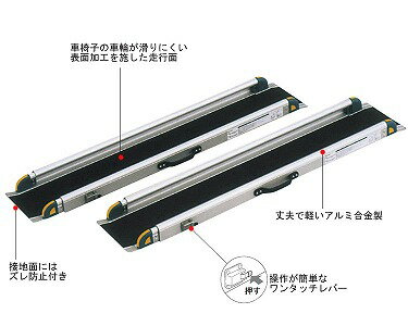 【商品説明】 ・あらゆる方向から確認しやすい反射シール付きで、夜間等も安心です。 ・車いすでもスムーズに段差越え。 ・レバー操作で129〜209cmまで、5段階の長さに調節出来ます。 ・車いすの車輪が滑りにくい表面加工を施した走行面 ・接地面にはズレ防止ゴム付き ・便利な持ち手付き ・反射シール付き 【仕　様】 ●サイズ／幅27.5×長さ129〜209×高さ7cm ●重量（1本）／7.5kg ●耐荷重／300kg ●材質／アルミ