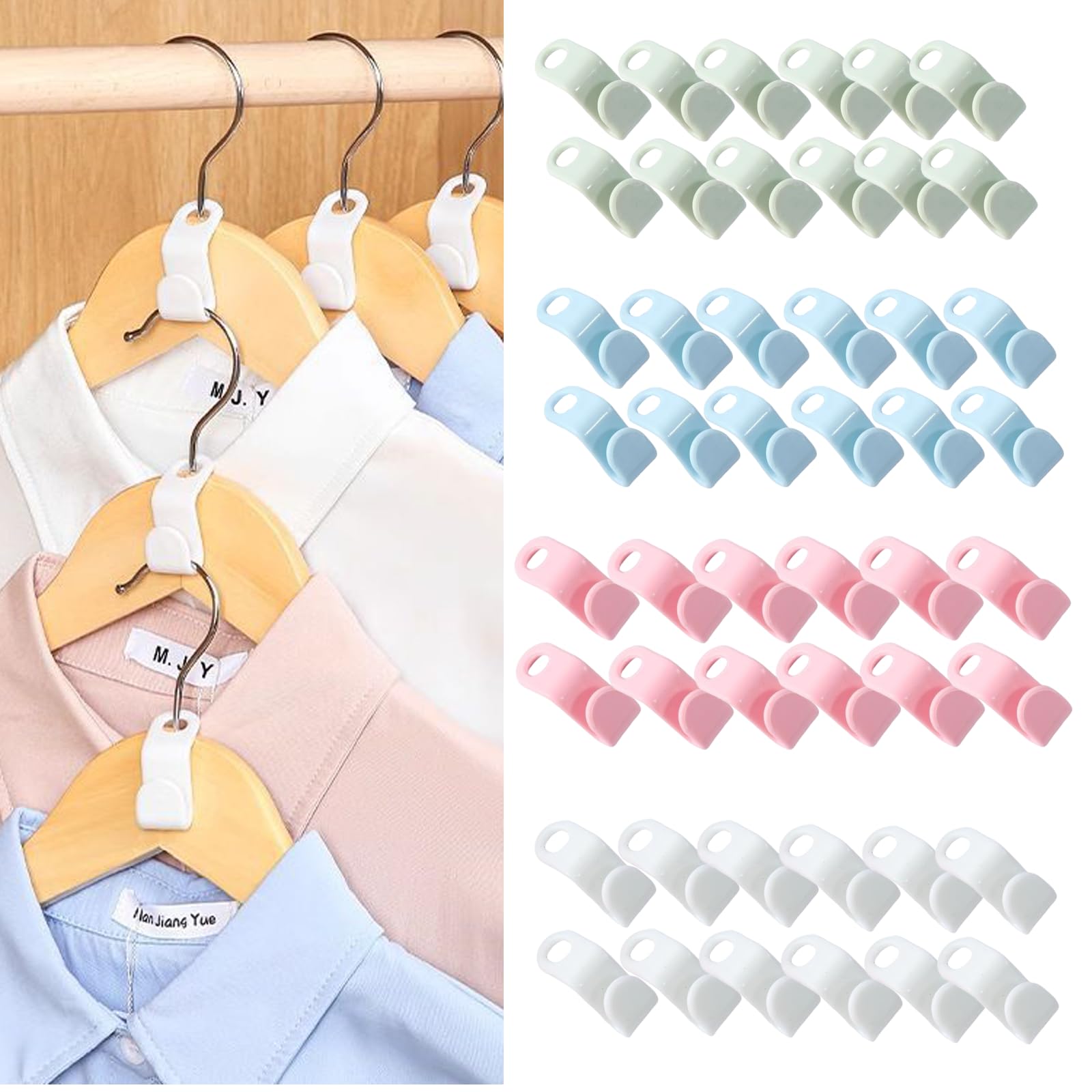 ・品名:ハンガー連結フック 48個セット ・素材:PP(ポリプロピレン)プラスチック ・サイズ:約 幅2cm × 高さ5.5cm(フック部含む) ・耐荷重:約5kg(1個あたりの目安) ・カラー:4色ランダム(写真はイメージです) ・特徴:縦連結収納、ワンタッチ装着、軽量コンパクト