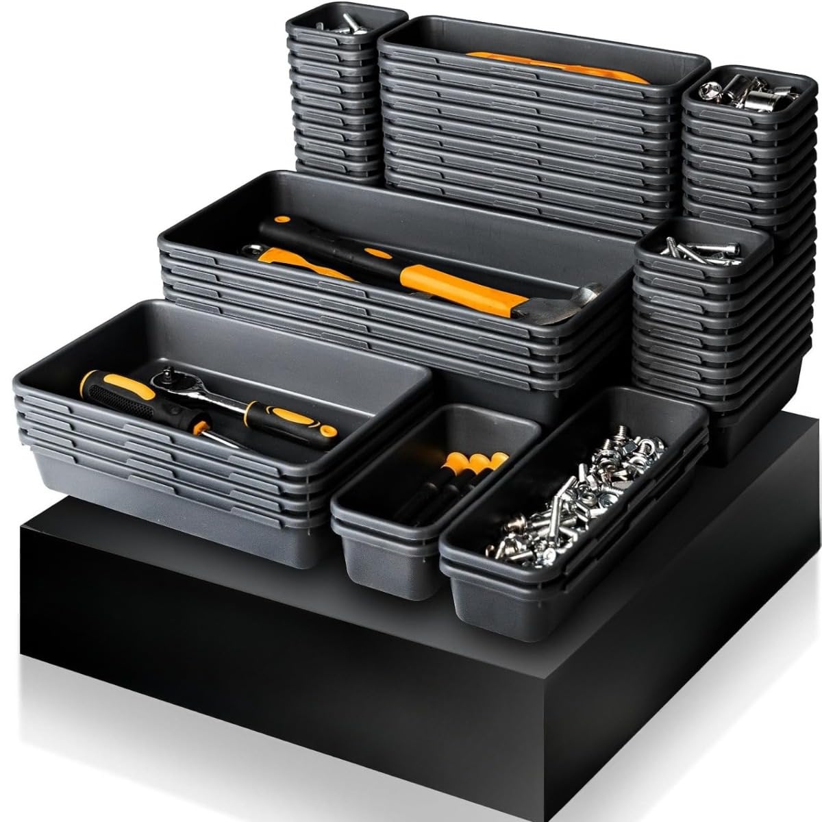 ・セット内容:60PCS(5サイズ) ・サイズ:XL:約31.75×15.24×4.5cm(4個)、L:約22.86×15.24×4.5cm(8個)、M:約22.86×7.62×4.5cm(12個)、S:約15.75×7.62×4.5cm(10個)、XS:約7.62×7.62×4.5cm(26個) ・素材:高品質PP(ポリプロピレン) ・カラー:ブラック