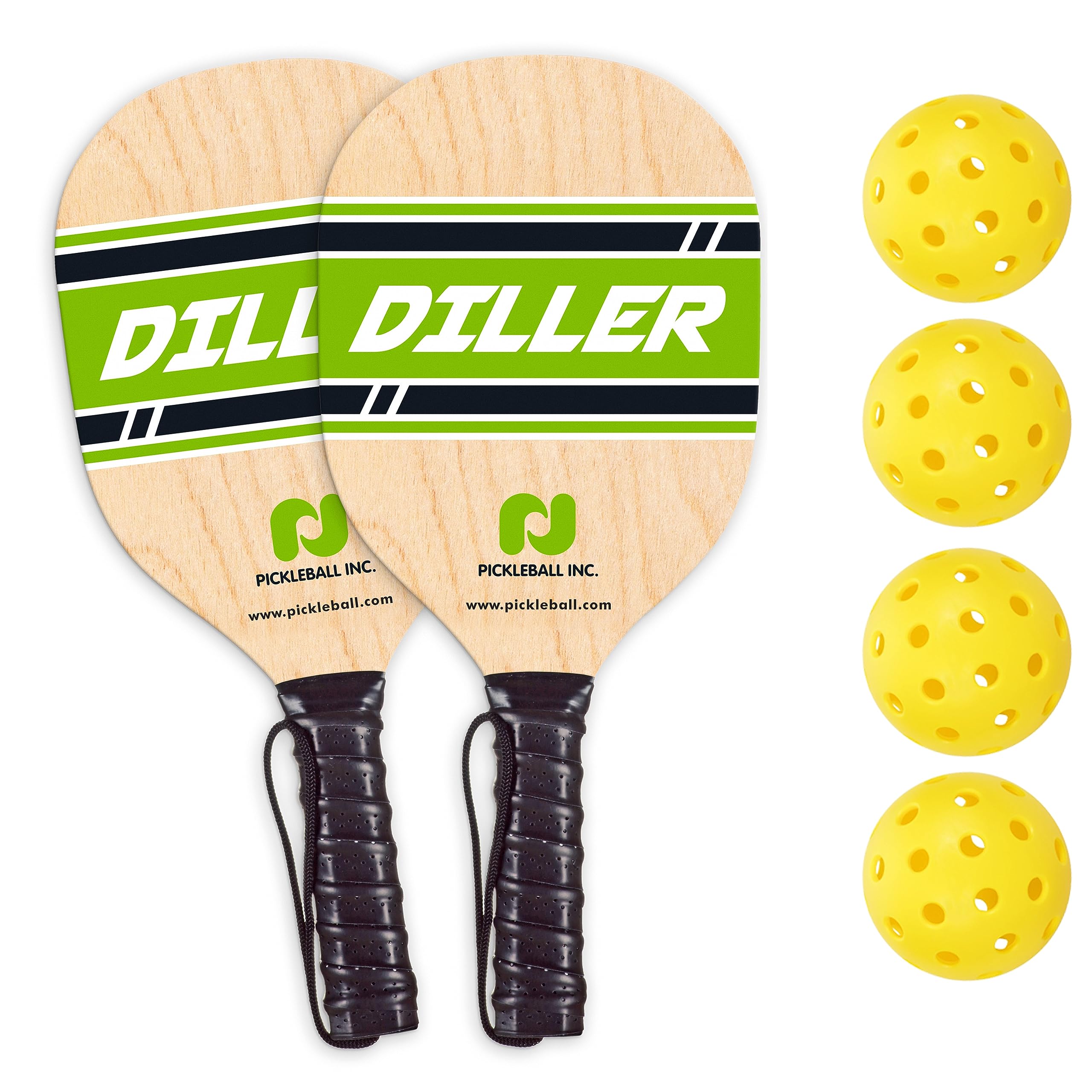 ・素材:7層の硬材合板 ・重量:平均10オンス ・サイズ:長さ15.5インチ x 幅7インチ ・セット内容:Diller Woodパドル2個、ピックルボール4個