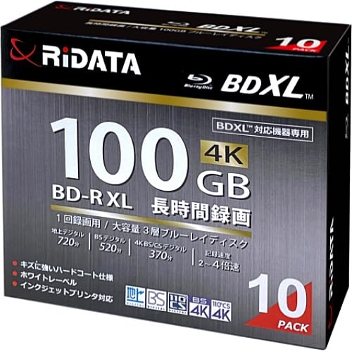 ・記録容量:100GB ・記録タイプ:1回録画用 ・層数:片面3層 ・倍速:2-4倍速 ・入数:10枚 ・ケース:スリムケース ・対応放送:地上デジタル、BSデジタル、4K BS CSデジタル ・レーベル面:ホワイトプリンタブル(内径22mmまで印刷可能) ・仕様:ハードコートディスク