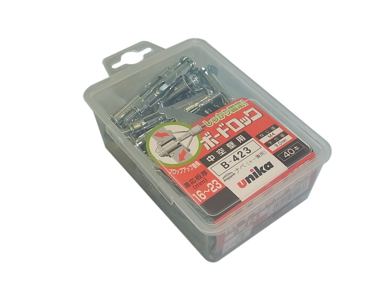 ・適応板厚:16~23mm ・使用ねじ径:M4 ・ヘッド形状:ナベ頭(+-兼用) ・全長:46mm ・下穴径:9.0mm ・パック入数:40本