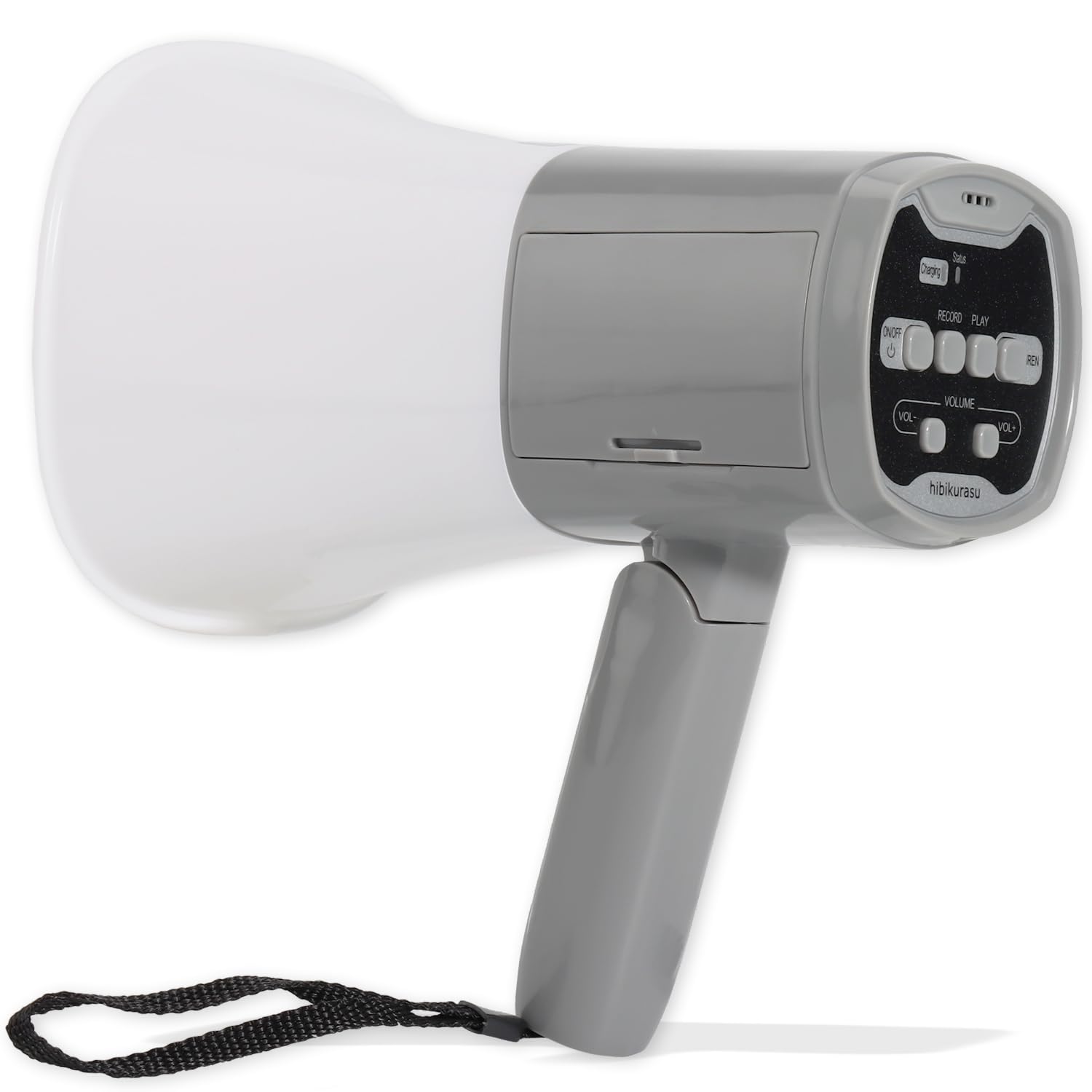 ・出力:30W ・到達距離:約100m ・機能:録音・再生機能、電子音サイレン、折りたたみグリップ、ストラップ付き ・素材:ABS樹脂