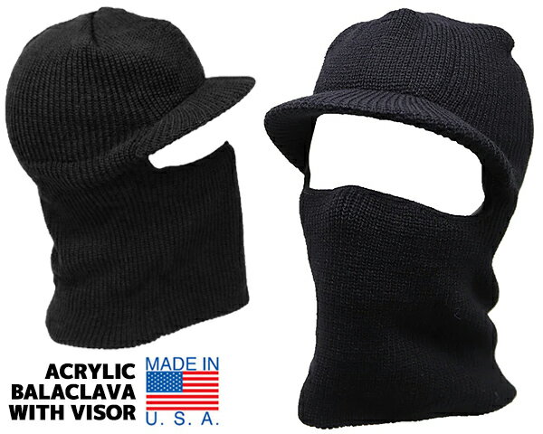 お得な割引クーポン発行中!!【あす楽 対応!!】【ミリタリー アクリル バラクラバ】MILITARY ACRYLIC BALACLAVA WITH VISOR Made in USA BLACK ブラック アメリカ製 アクリル100% バイザー フェイスマスク 軍モノ スノー レジャー 目出し帽 ネックウォーマー