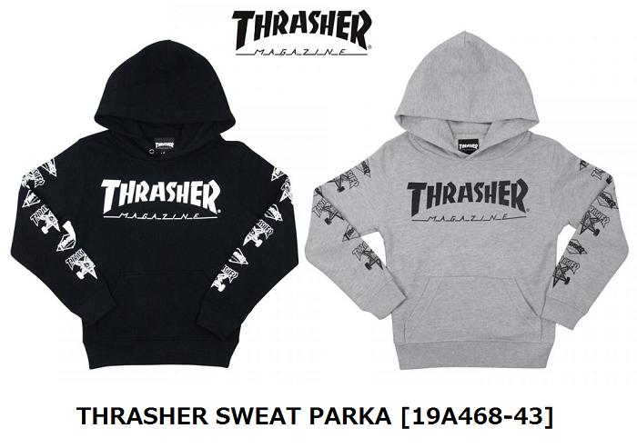 【 THRASHER / スラッシャー 】 THRASHER SWEAT PARKA 19A468 BLACK GRAY 黒 グレー スラッシャー スエット パーカー フーディ プルオーバー 長袖 子供服 キッズ 男の子 女の子 ストリート SK8 スケート ダンス