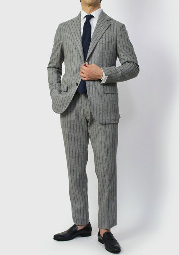 デ ペトリロ / De Petrillo / ワンプリーツ スーツ / ウール フランネル ストライプ柄 3B 段返り / LINEA NAPOLI / NAPOLI【グレー】【SALE 50】