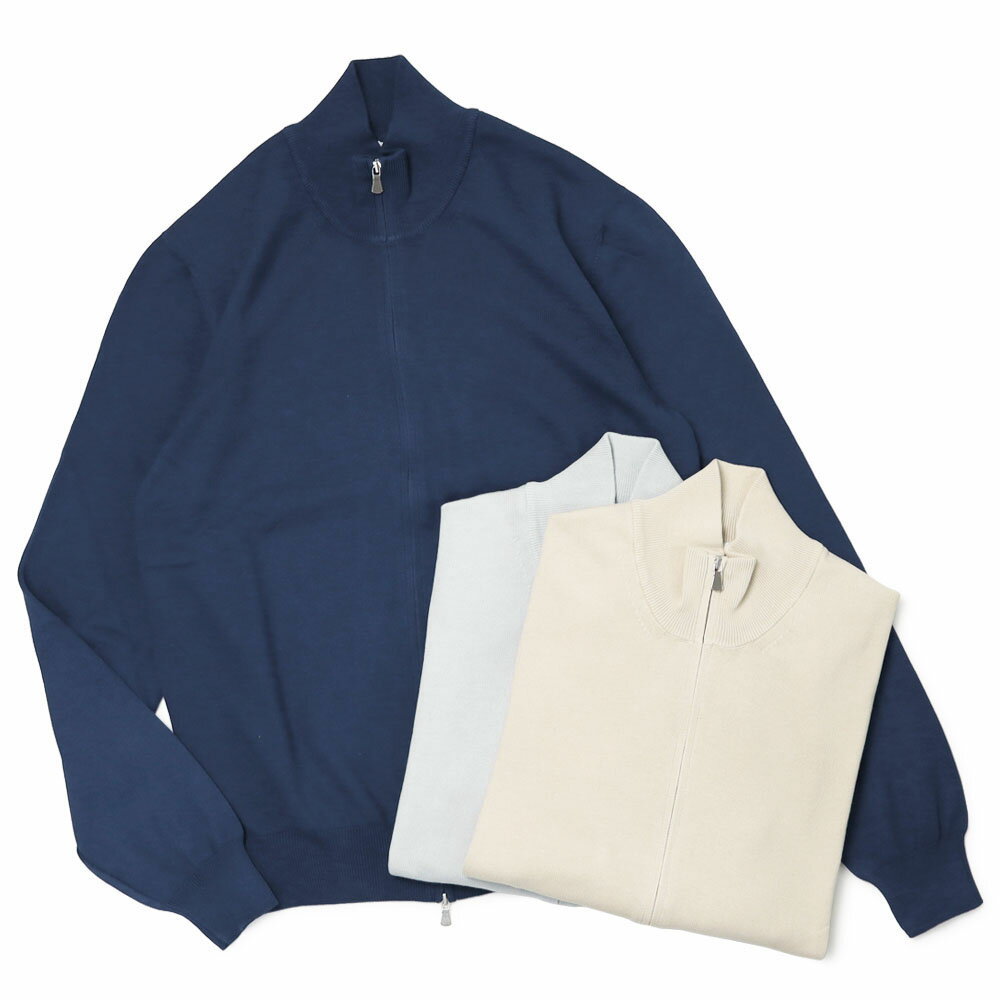 グランサッソ / GRANSASSO / ダブル ZIP スタンドカラー ニット ブルゾン / 12G ソフトコットン / 55111-18190 【012.ベージュ/050.アイスグレー/579.ブルーネイビー】【SALE 20】