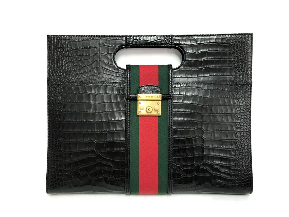 GUCCI グッチ リアルクロコハンドバッグ 459205 ブラック アンティークゴールド金具【中古】【佐川急便（保険付き）で発送】