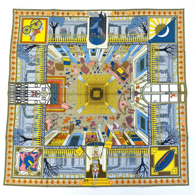 HERMES エルメス スカーフ カレ 90 OBJETS DE CURIOSITE（オブジェ・ドゥ・キュリオジテ） シルク100％ ブルー・シエル/ジョーヌ・ヴィフ/ピンク 43408949【新品】【あす楽対応】のサムネイル