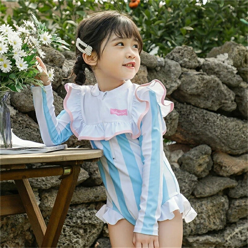 乐天商城 - キッズ 水着 女の子 ワンピース ラッシュガード 長袖 子供水着 キッズ水着 ベビー水着 UVカット おしゃれ ベビー ジュニア 温泉 プール ビーチ リゾート ハイネック フリル 幼稚園 保育園 小学生 露出控えめ 紫外線対策 スイミング