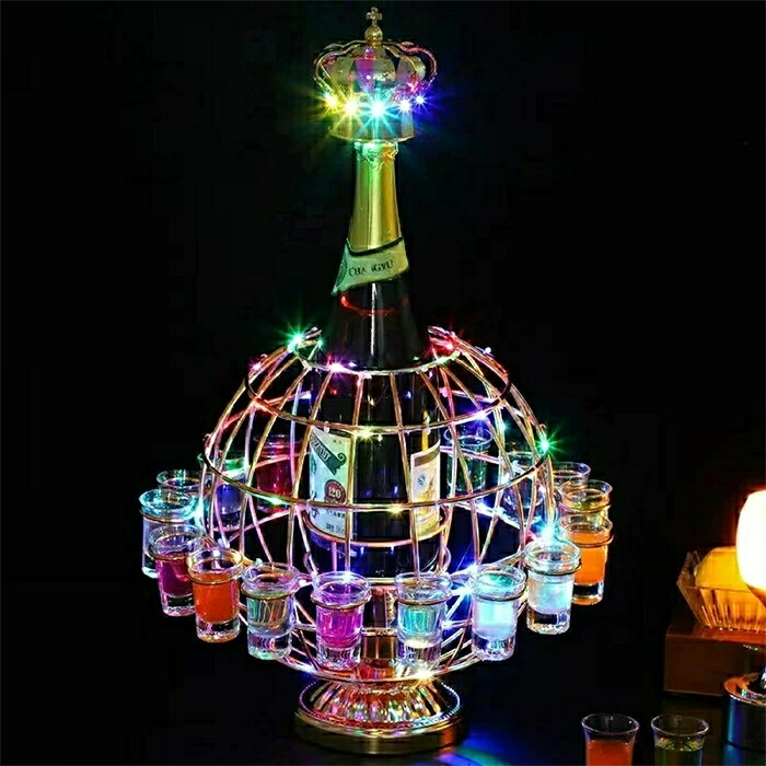 Rakuten - テキーラ地球儀 LED酒グラスワインラック テキーラ 観覧車 地球儀の形 18穴 LED酒ボトルの表示棚 カラフルな回転酒ラック 雰囲気ラート LED酒グラス 雰囲気 KTVナイトクラブ 居酒屋 バイ クラブ パーティー 飲み会ゲーム 自宅飲み （ワイングラス別売り）