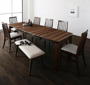 天然木ウォールナット材 ハイバックチェア ダイニング 8人 8点セット(テーブル+チェア6脚+ベンチ1脚) W140-240 組立設置付