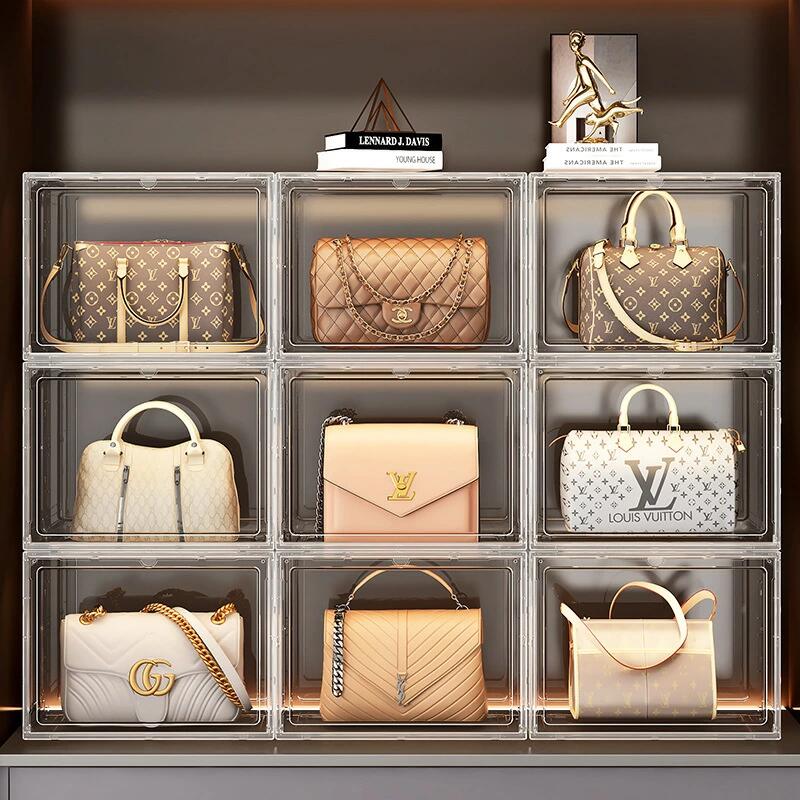 透明の収納ケース3つ 積み重ね式 プラスチックのマグネット式 前開き バッグ・おもちゃ・かばん・財布・靴・化粧品・書類の収納ボックス・ディスプレイ用 引き出し 卓上収納 防塵 防水 コスメ収納