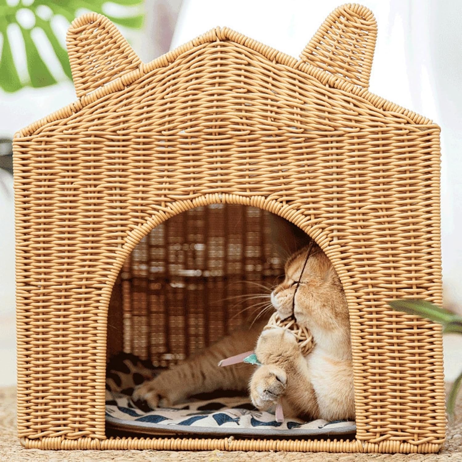 猫 ハウス キャットハウス 通気性 藤編み おしゃれ 四季通用 耐久性 洗える お手入れ簡単 ひんやり 猫 小型犬 手編み猫ちぐら 猫 ベッド ペットハウス 小動物用ケージ ペット休憩所 インテリア かわいい