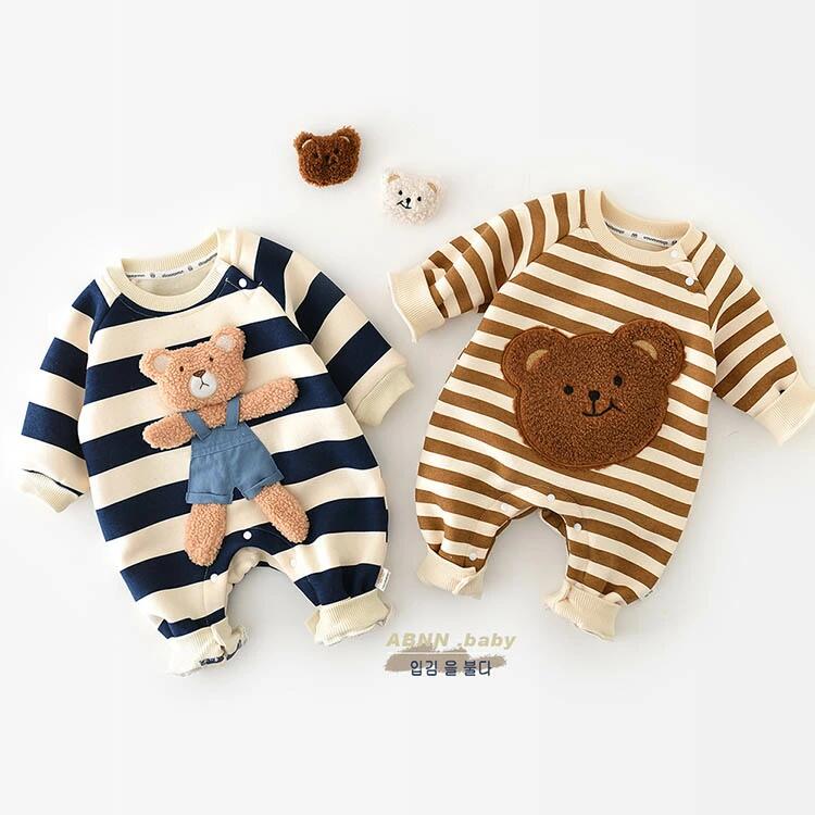 Rakuten - ベビー服 ロンパース 男の子 カバーオール 赤ちゃん 服 60 70 80 90 長袖 秋 冬 キッズ コットン クマ 男児 柄ロンパース スナップボタ ストライプ ボーダー