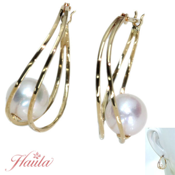 楽天LuckJewel　ラックジュエル◆スーパーセール限定・今だけ15％OFF！77000円⇒65450円に！◆あこや真珠/和珠 ピアス 6.5ミリ位 18金イエローゴールド K18 フープデザイン 上品 /白・透明（ホワイト）/セレクトブランド・新品/届10/ラックジュエル luckjewel/1点もの