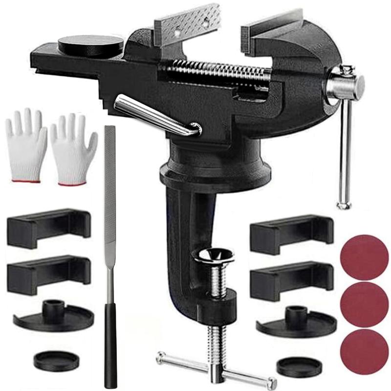 最大開口75mm 小型卓上万力 360°回転盤付き ベンチバイス クランプ 携帯用作業台 木工 導管 穴あけ 金..