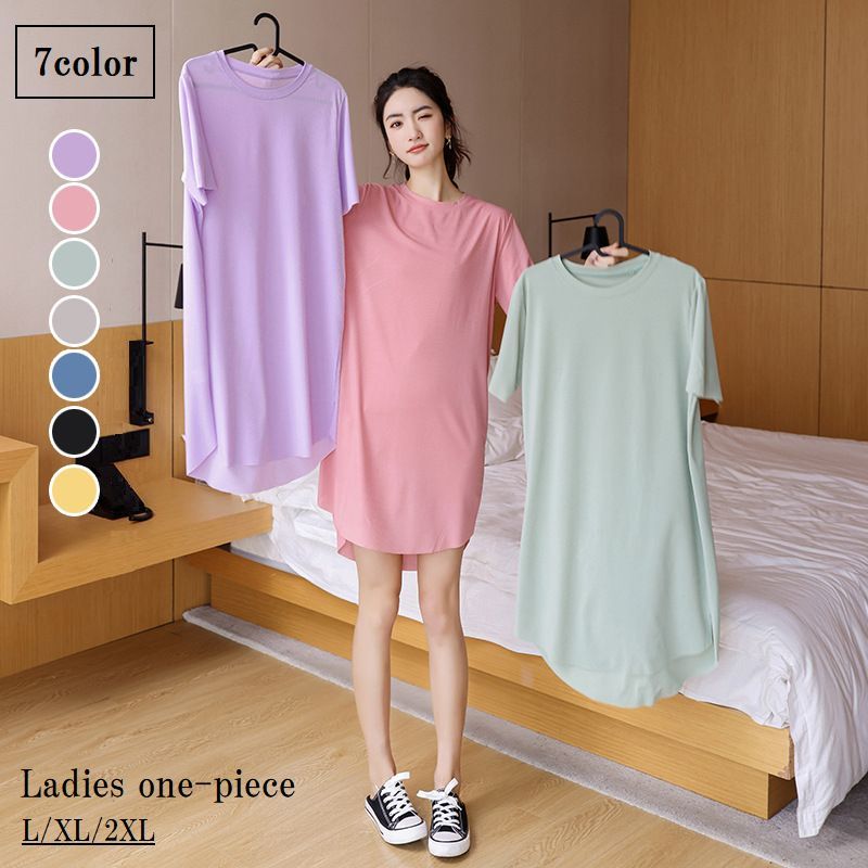 ワンピース Tシャツワンピース ルームウェア パジャマ レディース 女性 大きいサイズ 半袖 ミニ ショート丈 単色 無地 シンプル かわいい おしゃれ カラバリ豊富 夏服 ゆるシルエット オーバー