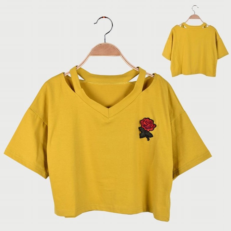 刺繍入り半袖Tシャツ ショート丈 ネックデザインTシャツ 薔薇 カットソー Vネック 肌見せ スポーティー 夏 サマー シンプル トップス カジュアル レディース lucky13-10266051 BACKYARD FAMILY 雑貨タウン サンプル画像2