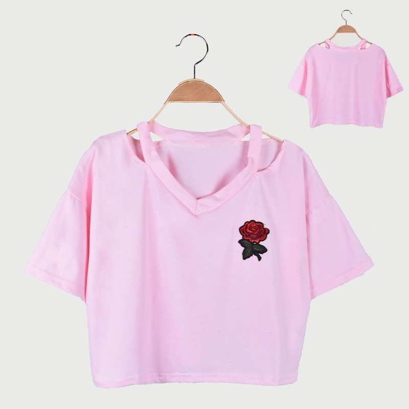 刺繍入り半袖Tシャツ ショート丈 ネックデザインTシャツ 薔薇 カットソー Vネック 肌見せ スポーティー 夏 サマー シンプル トップス カジュアル レディース lucky13-10266051 BACKYARD FAMILY 雑貨タウン サンプル画像3