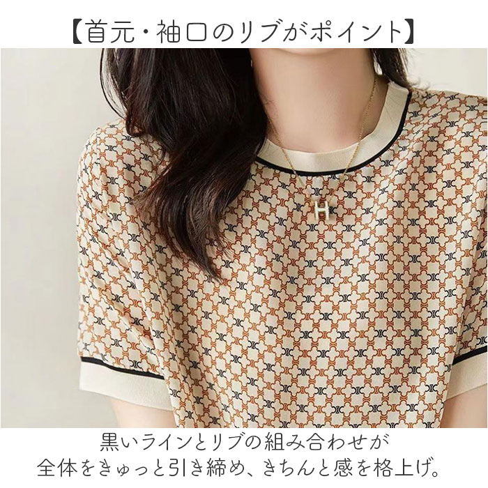 トップス レディース 半袖 定番 カットソー tシャツ 春夏 ブラウス レトロ柄 半袖Tシャツ 半袖ブラウス クルーネック 春 夏 秋 大きいサイズ オフィスカジュアル 通勤 上品 きれいめ 大人 可愛い かわいい おしゃれ lucky13-10278899 BACKYARD FAMILY 雑貨タウン サンプル画像3