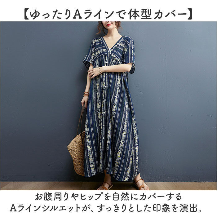 ロングワンピース 半袖 レディース 定番 リゾートワンピ ロングワンピ ワンピース ワンピ リゾートワンピース ゆったり エスニック風 リゾート 体型カバー ロング丈 夏服 きれいめ ロング カジュアル ナチュラル リラックス レディースファッション 総柄 lucky13-10280852 BACKYARD FAMILY 雑貨タウン サンプル画像3