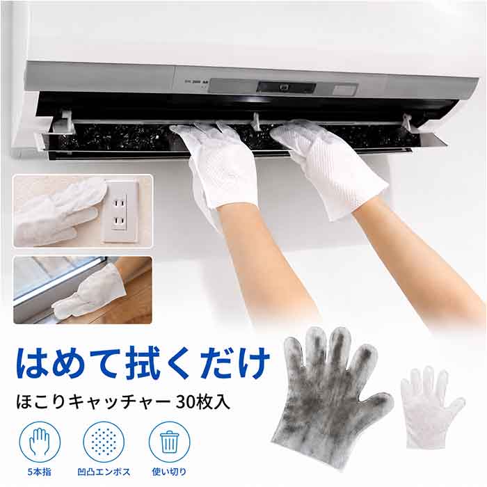 ほこり取り 手袋 30枚入り 定番 使い捨て 手袋型 不織布 お掃除グッズ ホコリ取り 掃除手袋 ほこりキャッチャー 隙間掃除 エアコン掃除 窓掃除 ブラインド掃除 サッシ掃除 大掃除 便利グッズ そうじグッズ 清掃用品 素手感覚 両面使える クロス手袋