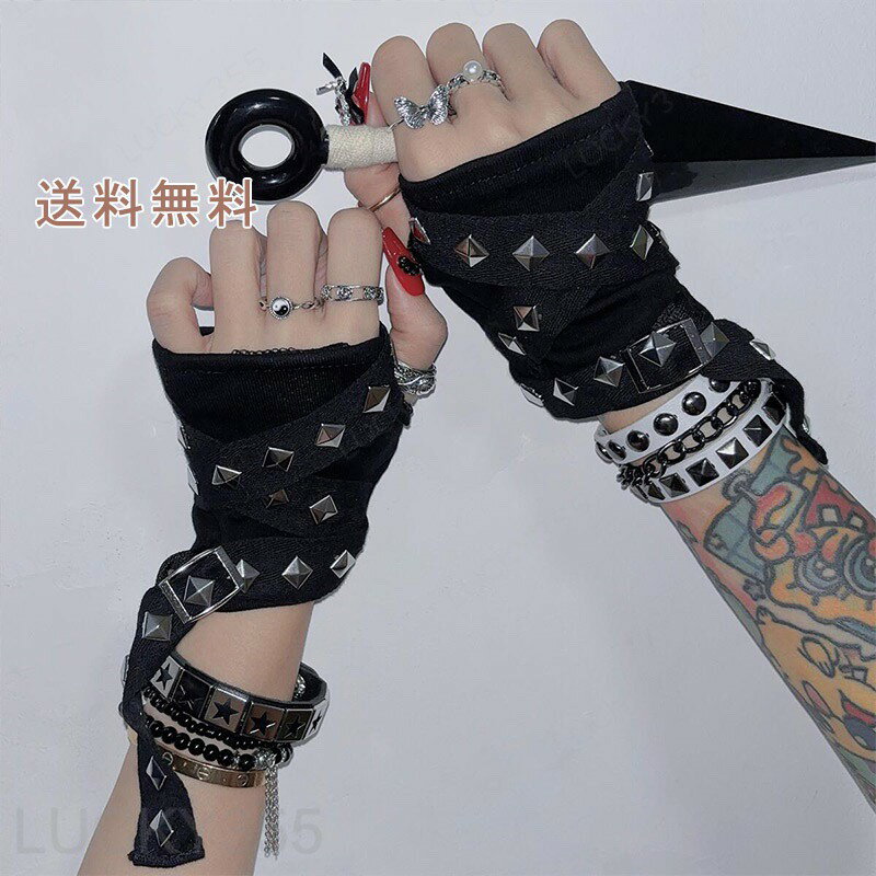 乐天商城 - 指なし手袋 指出し バックル リストバンド リベット パンク ロリータ ゴスロリ ゴシック 手袋 グローブ ブラック コスプレ コスチューム パーティー 送料無料