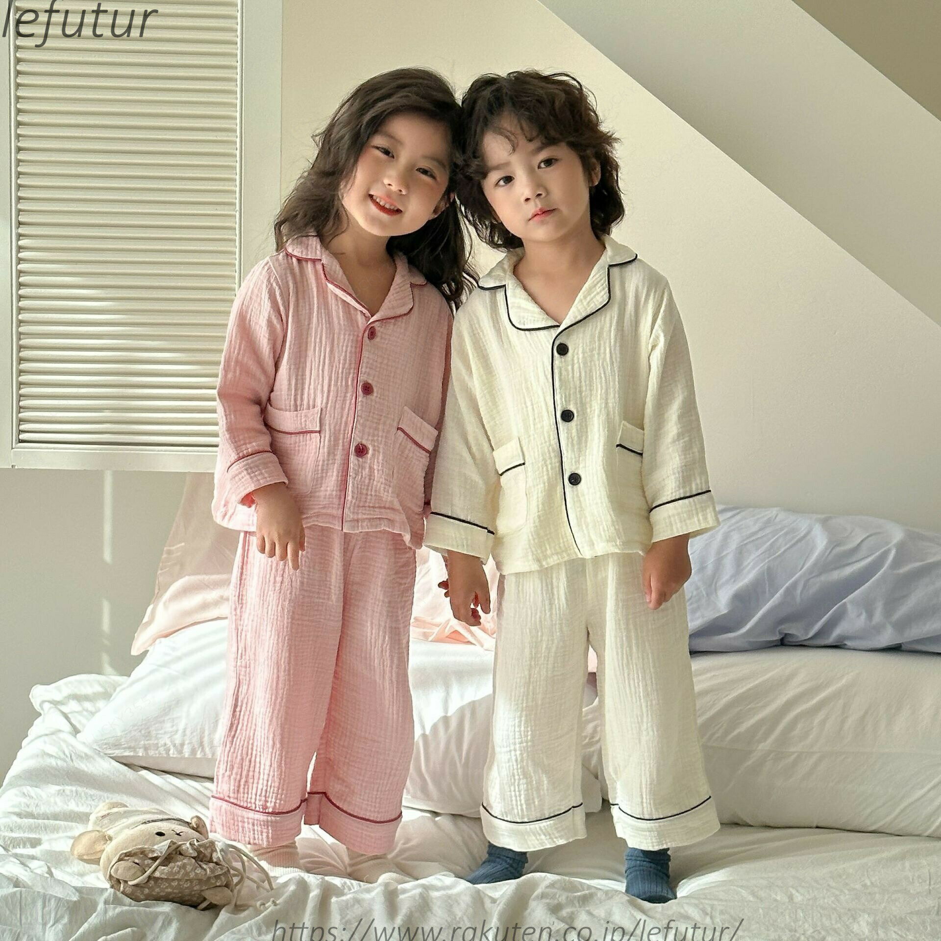 Rakuten - 送料無料パジャマ キッズ 長袖 上下セット ベビー服 綿100 ガーゼ 男の子 女の子 子供服 可愛い 柔らか 前開き ルームウェア 部屋着 無地 綿 春 夏 秋 韓国子ども服 赤ちゃん