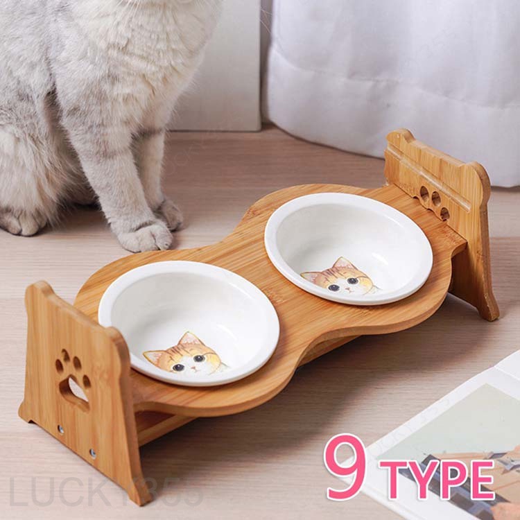 Rakuten - フードボウルスタンド ペット食器台 中型犬 猫食器台 食事 猫 餌入れ 食器台 ご飯台 スタンド シングルボウル 老犬 小型犬 ペット用 皿 陶器 いぬ フード フードボウル 皿付き 器 老猫 ウッド 木製