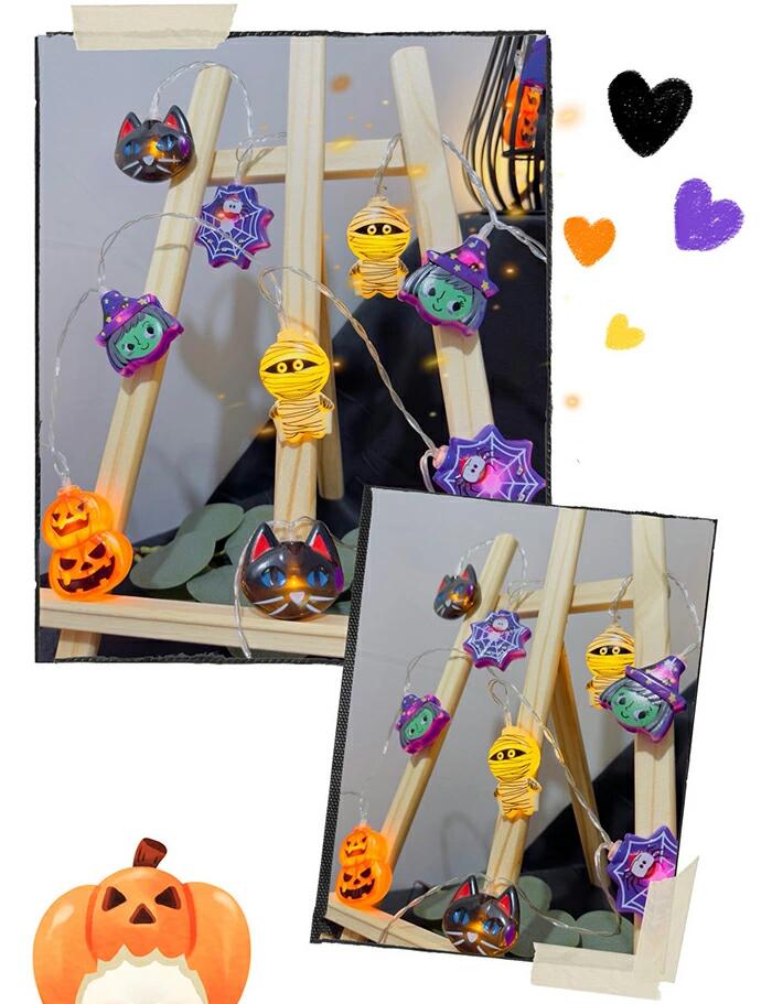 LUCKY355のハロウィン 飾り付け カボチャ LEDライト ストリングライト 吊り飾り かぼちゃ クモ 幽霊 魔女 黒猫 ミイラ LEDイルミネーション 20球 3m 電池式 LED電球 電飾 ハロウィン飾り 装飾 玄関 屋外 室内 デコレーション インテリア用品 パーティー Halloween 雰囲気作る｜アングル3