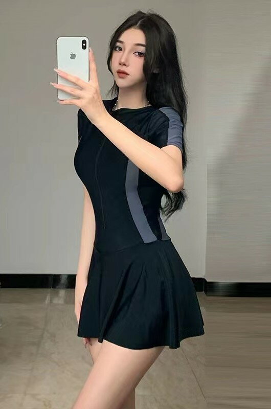 新品　水着 レディース スクール水着 中学生 高校生 フィットネス 体型カバー ワンピース オールインワン 水陸両用 半袖 ラッシュガード めくれ防止 ファスナー UVカット 露出控えめ ソフト肌触り ジッパー スポーティー水着 パッド付き 中学生高校生 10代 20代 30代