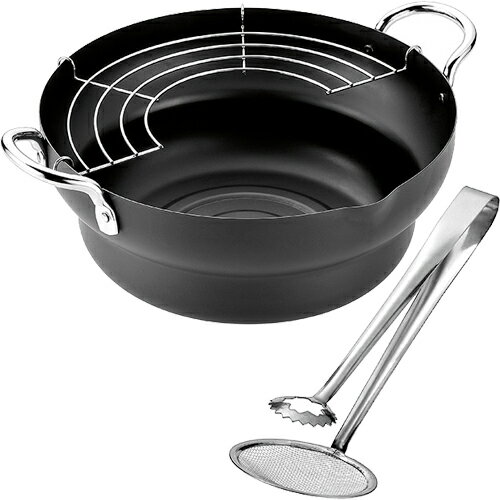Ih/Gas Compatible - よこやま 燕熟の技 共柄天ぷら鍋 24cm トング付き EJTP-403 （日本製・電磁調理器対応・IH対応・鉄製・揚げ鍋）