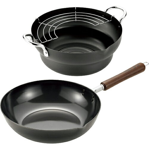 よこやま 燕熟の技 木柄いため鍋27cm＆天ぷら鍋24cm EJTP-700 （日本製・電磁調理器対応・IH対応・鉄製・揚げ鍋・炒め鍋）