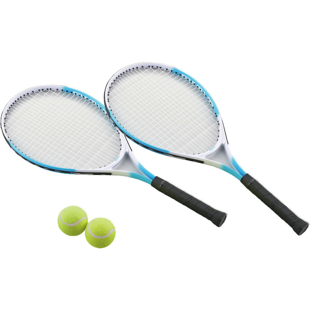 【特長】 兄弟や友達と楽しくテニス！入門的や、スポーツをはじめたい方向け。硬式用。2人用のセットなのですぐに遊べます。収納ケース付。 【ご使用上の注意】 ※テニスが禁止されている場所では使用しないでください。周囲の安全を確認してください。ラケットは通電性がありますので落雷時は即刻中止してください。 【セット内容】 ラケット ×2 ボール ×2 【商品詳細】 ラケットサイズ：約640×260×30mm（約260g） フェイス面積：約32×24cm（約93平方インチ） グリップサイズ：約95mm（ジュニア仕様） ボールサイズ：約φ65mm 仕様：ジュニア用・ガット張り上げ済み 材質：ラケット／アルミニウム・ポリウレタン・ポリエチレン、ストリング／ナイロン、テニスボール／ポリエステル・天然ゴム、収納ケース／ポリ塩化ビニル・ポリエステル・ポリプロピレン（肩ベルト） 原産国：中国 ■スポーツ玩具をもっと探す！ カワセ 一覧 トレーニング・ダイエット用品 スポーツ・スポーツトイ アウトドア用品 その他