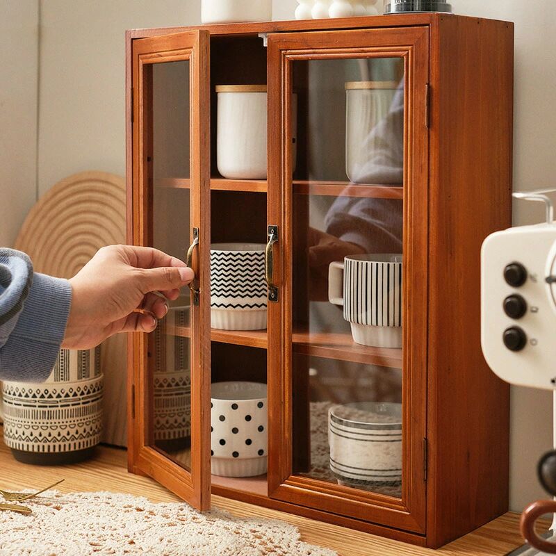 ショーケース 卓上収納 ティーセット収納キャビネット 木製 食器棚 レトロ 防塵ロ...