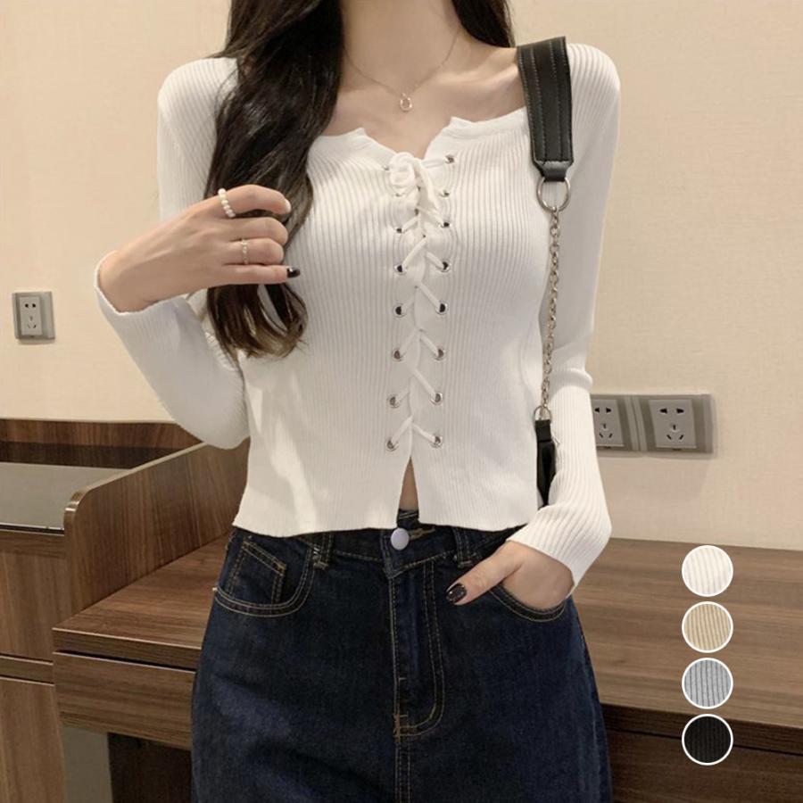 Rakuten - ニットトップス フロントレースアップ秋服【ネコポス投函】