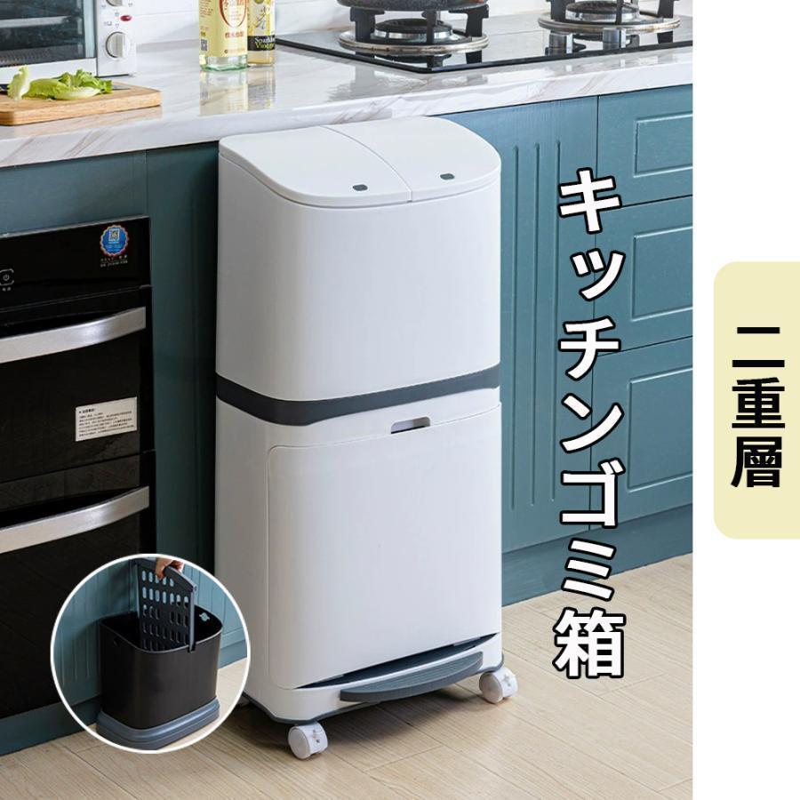Rakuten - ゴミ箱 おしゃれ 分別ごみ箱 分別2段 縦型 省スペース 45リットル キッチン 屋外 スリム 大容量 ペダル式 ダストボックス