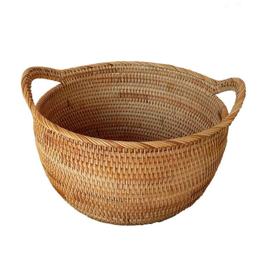 かご ラタン製 藤かご オシャレ フルーツかご ナチュラル 取っ手付き 手工芸品 円型 収納バスケット 家庭 ホテル 雑貨屋