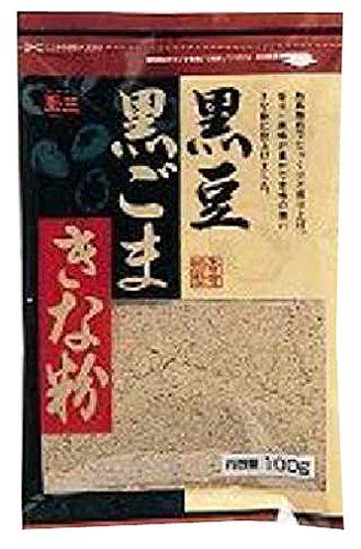 商品紹介 黒豆と黒ごまをブレンド。風味のよいきな粉です。牛乳200mlに本品大さじ2杯程度を入れ、きな粉ドリンクとしてお飲みください。 ご注意（免責）＞必ずお読みください ●本品を電子レンジ・オーブン等で乾燥しないでください。 ●開封後はおはやめにお召し上がりください。原材料:原材料 黒大豆(遺伝子組み換えではありません)、黒ごま 栄養成分表示 100g当り エネルギー:464kcal、たんぱく質:35.8g、脂質:26.2g、糖質:12.2g、食物繊維:18.2g、ナトリウム:0、カルシウム:430、ビタミンB1:0.02、ビタミンB2:0.26、ビタミンE:1.9、鉄:8.2、レシチン:720、イソフラボン(※):126 ※イソフラボンは、ダイジン・ダイゼイン・ゲ二ステインの合計値で表記しております。 内容量:100g 商品サイズ(高さx奥行x幅):200mm×15mm×140mm