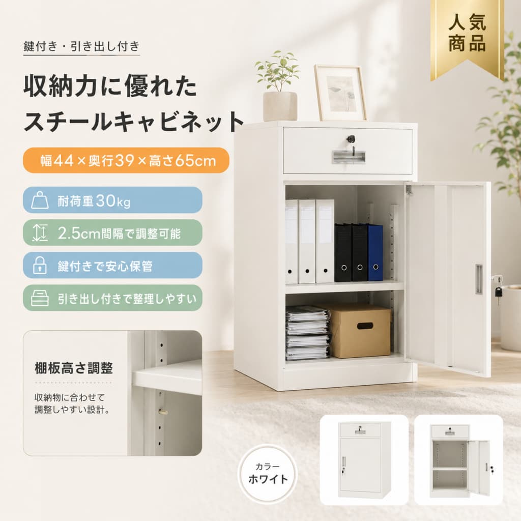 Rakuten - 【1 年保証?スーパーSALE限定?最大1,500円OFF最大10%OFF】デスクワゴン 完成品 スチール製 サイドワゴン 鍵付き 引き出し付き 可動棚 幅44×奥行39×高さ65cm 机下収納 オフィスワゴン 書庫 キャビネット ホワイト