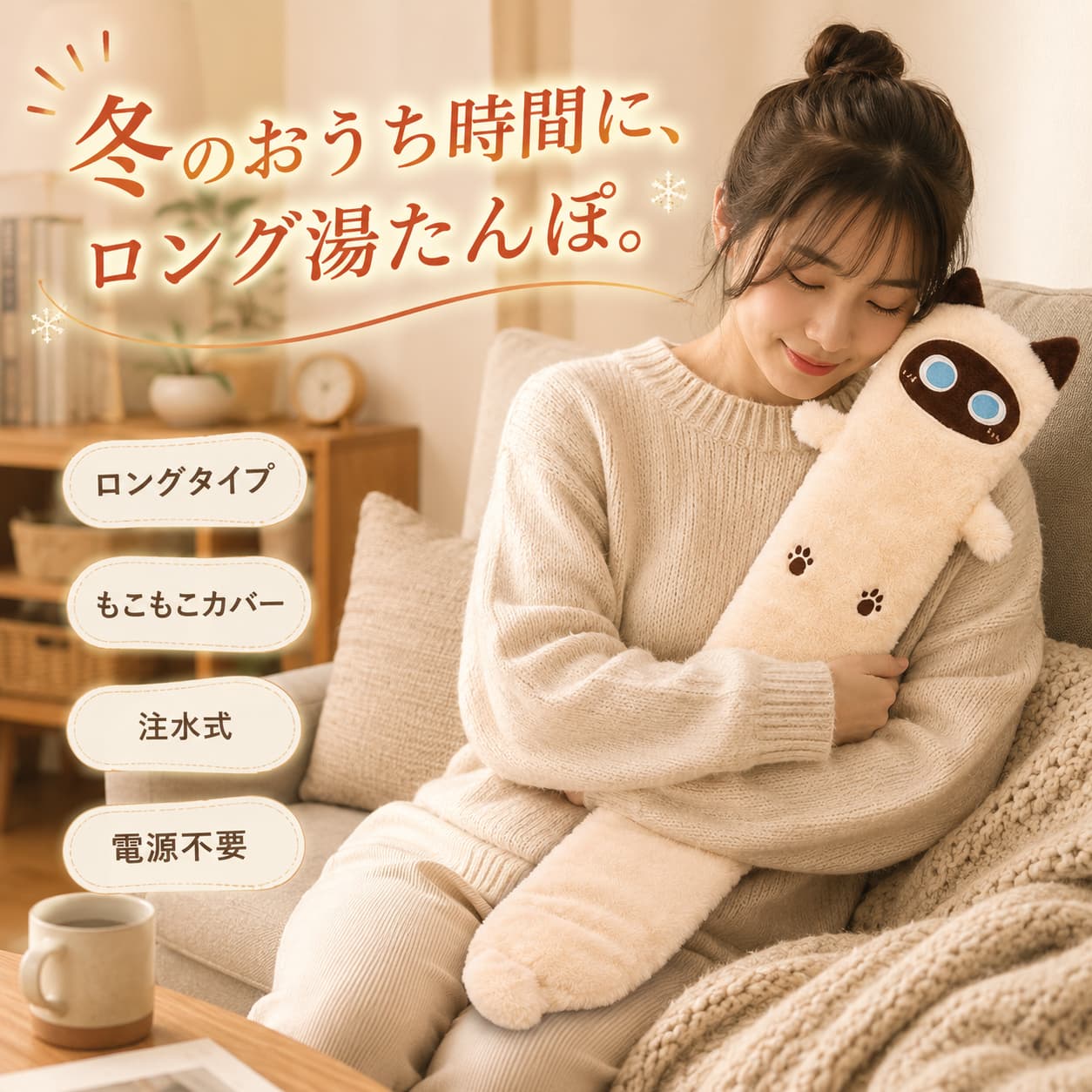商品概要 寒い季節のおうち時間に取り入れやすい、約76cmのロングタイプ注水式湯たんぽです。 お湯を入れて蓄熱して使う電源不要タイプで、電気コードやUSB充電を必要としません。 ロングフォルムと、もこもことしたアニマルデザインのカバーを組み合わせた冬向けアイテムです。 ソファでくつろぐ時間や足元が気になるときなど、冬の室内時間に使用できます。 商品仕様 商品タイプ：ロング湯たんぽ 加熱方式：注水式 電源：不要 本体素材：高密度PVC 本体構造：1層 カバー素材：毛绒タイプ サイズ：約76×12cm 商品重量：約450g 販売形態：1点販売 原産国：中国 約76cmのロングタイプ 一般的なコンパクトタイプとは異なる、細長いロングフォルムが特徴です。 約76cmの長さがあり、横向きに置いたり、抱えるように使ったりしやすい形状です。 全身を覆う大型暖房器具ではありません。 サイズ表記は現在の最終確認値である約76×12cmを採用しています。 注水式湯たんぽ お湯を入れて蓄熱して使用する注水式タイプです。 電気で本体を加熱する電熱式・充電式湯たんぽではありません。 USBケーブル、電源コード、ACアダプターなどを使用する商品ではありません。 電源不要 コンセントやUSB電源を使わず、お湯を入れて使用できます。 電源コードを気にせず、室内のさまざまな場所へ持ち運びやすい注水式です。 電気代の具体的な節約率などを保証するものではありません。 高密度PVC製ボトル 注水する本体には高密度PVCを使用しています。 細長く扁平なロング形状のPVC製ボトルです。 本体は一般的な短く幅広い湯たんぽとは異なる縦長形状です。 医療用PVC、食品グレードPVC、多層PVCなどの商品としては案内していません。 ロングボトル構造 PVCボトルは細長い長方形に近い形状で、一端に注水口を備えています。 周囲には圧着・シール部分があり、表面には細かなテクスチャーが見られる構造です。 一般的な短型ゴム湯たんぽの形状ではありません。 もこもこアニマルカバー ロングフォルムに合わせた、毛绒タイプのアニマルカバーです。 長い身体、動物の頭部、耳、小さな手を組み合わせたかわいらしいデザインです。 冬のお部屋になじみやすく、生活用品らしさをやわらげた見た目を楽しめます。 ふんわりした毛绒タッチ 表面はふんわりとした毛绒素材です。 抱えたり、衣類の上から身体の近くへ置いたりするときにも、やわらかな触り心地を楽しめます。 具体的な繊維組成や毛足の長さは現在確認されていないため記載していません。 カバーの開口部 アニマルカバーの下部は束口タイプの開口構造です。 ファスナー、ボタン、面ファスナーで開閉する構造ではありません。 実物にない背面ファスナーや電源用開口部などはありません。 デザインから選べる ベージュ、ブラック、オレンジ、グレーの猫デザインと、湯たんぽ本体のみのタイプを展開しています。 複数デザインを掲載した画像はバリエーション確認用です。 商品は1点ずつの販売であり、すべてのデザインがまとめて届くセットではありません。 ソファでくつろぐ時間に 冬のリビングやソファでくつろぐ時間にも取り入れやすいロングタイプです。 読書や動画を見る時間など、衣類の上から抱えて使用するイメージにもなじみます。 肌へ直接長時間当て続けないようご注意ください。 足元が気になる日に 寒い季節に足元が気になるときの室内アイテムとして使用できます。 長い形状を生かし、脚の近くへ横向きに置くような使い方にも向いています。 裸足や素肌へ長時間直接密着させる使い方は避けてください。 ご使用時の肌接触について 高温の湯たんぽを素肌へ直接長時間当てないでください。 アニマルカバーや衣類などを介して使用し、熱さを感じた場合はすぐに離してください。 低温やけどを完全に防止する安全機構を搭載した商品ではありません。 注水について 本商品は湯を注いで使用する注水式です。 現在の資料では推奨注水量・最高使用水温などの具体的な数値は最終確認されていません。 確認されていない水温や注水割合を独自に設定していません。 沸騰直後のお湯が使用可能であることも確認されていません。 容量について 一部の旧素材には2300mLの表記がありますが、現在の最終確認情報では容量を確定していません。 そのため「2.3L」「2300mL大容量」などを正式な商品仕様としては案内していません。 容量確定後は最新の確認情報を優先してください。 サイズについて 現在の最終確認サイズ：約76×12cm 一部の旧素材に見られる75×10.5cm表記とは併用していません。 商品画像・仕様では、最新の確定値を優先して案内します。 商品重量 商品重量：約450g 重量は商品仕様として確認されている数値です。 注水後の総重量ではありません。 販売内容について 本商品は1点単位で販売します。 SKU5は湯たんぽ本体のみのタイプとして確認されています。 SKU1～SKU4については、現在の最終資料ではカバーとPVC本体の厳密な同梱構成を最終確定していません。 未確認のセット内容を独自に追加して案内していません。 ご購入前の確認 ご注文前に選択するデザイン・SKUをご確認ください。 複数商品を並べた写真はデザイン比較や使用イメージです。 1回の注文で全デザインが届く商品ではありません。 SKUごとの実物デザイン、顔、目、耳、肉球などの違いをご確認ください。 使用上の注意 素肌へ直接長時間触れさせないでください。 熱さを感じた場合はすぐに使用を中止し、身体から離してください。 本体に破損、亀裂、著しい変形などがないことを使用前に確認してください。 注水口や栓部分の状態を確認してから使用してください。 本体を強く踏む、上に座る、体重をかけるなどの使用は避けてください。 火気や高温になる暖房器具の近くへ置かないでください。 子供・高齢者向けの安全性については現在確認されていないため、対象者向け商品としては案内していません。 電気式ではありません 電熱ヒーターを内蔵していません。 充電機能はありません。 USB端子はありません。 電源ボタンはありません。 コンセントへ接続して加熱する商品ではありません。 現在使用していない表現 防爆：試験・検査資料未確認のため使用していません。 破裂しない：保証できる根拠がないため使用していません。 100％漏れない：漏水試験資料未確認のため使用していません。 耐熱100℃：最高使用温度未確認のため使用していません。 沸騰したお湯OK：未確認のため使用していません。 保温○時間：保温試験データ未確認のため使用していません。 2300mL：最終容量未確認のため使用していません。 子供にも安心：対象・安全情報未確認のため使用していません。 高齢者にも安心：対象・安全情報未確認のため使用していません。 一晩中使える：使用条件未確認のため使用していません。 血行促進・腰痛改善・生理痛改善などの医療的表現は使用していません。 レビューについて 商品をご使用いただいた後のご感想を、ぜひレビューでお聞かせください。 現在、レビュー投稿によるプレゼント・クーポン・特典は設定されていません。 レビュー特典を商品購入内容として案内していません。 関連キーワード 湯たんぽ ロング湯たんぽ 長い湯たんぽ ロングタイプ 注水式 注水式湯たんぽ お湯 電源不要 電気不要 約76cm 76×12cm 高密度PVC PVC湯たんぽ ロングボトル もこもこ ふわふわ アニマル アニマルカバー 猫 ネコ キャット 猫デザイン ベージュ ブラック オレンジ グレー 足元 デスクワーク ソファ ベッド 寝室 リビング おうち時間 冬 冬用品 寒さ対策 冬の暮らし 長条湯たんぽ 中国製【商品概要】 冬のおうち時間に取り入れやすい、細長いロングタイプの注水式湯たんぽです。一般的な短い湯たんぽとは異なる、約76cm級のロングフォルムが特徴。アニマルタイプは毛足のあるもこもことしたカバーを組み合わせ、ソファや寝室にもなじみやすいデザインです。 商品タイプ：注水式ロング湯たんぽ サイズ：約76×12cm 重量：約450g ボトル素材：高密度PVC 加熱方式：お湯を注いで使用 電源：不要 原産国：中国 【約76cmのロングフォルム】 細長く伸びた約76×12cmのロング形状。ソファでくつろぐ時や、足元が気になる冬の時間など、長い形状を活かして使用できます。短い湯たんぽとは異なる横長フォルムで、抱えたり身体の近くへ置いたりしやすいデザインです。 ※身体全体を覆う商品ではありません。 ※サイズは商品仕様に基づく目安です。 【お湯を入れて使う注水式】 電気で加熱するタイプではなく、ボトルへお湯を入れて使用する注水式湯たんぽです。 ・コンセント不要 ・USB充電不要 ・電源コード不要 電気式のような充電器やケーブルを使わず、シンプルに使用できます。 ※自動加熱、自動保温、温度調節機能はありません。 【高密度PVC製ロングボトル】 内部の注水用ボトルには高密度PVC素材を使用。細長く扁平な形状で、一端にお湯を入れるための注水口を備えています。 ボトル構造：1層 ※「防爆」「破裂しない」「完全防漏」「100％漏れない」等を保証する商品ではありません。 【もこもこアニマルデザイン】 アニマルタイプは、ロングボディに猫モチーフを組み合わせたかわいらしいデザイン。毛足のあるもこもことした外観で、冬のお部屋にも取り入れやすい雰囲気です。 カバー下部：絞り口仕様 ファスナー：なし ボタン：なし 面ファスナー：なし ※顔、耳、肉球などの配色・形状はデザインによって異なります。 【選べる5タイプ】 SKU1｜ベージュキャット クリーム～ベージュ系のもこもこボディに、ブラウン系の耳・フェイスデザインを組み合わせたタイプ。 SKU2｜ブラックキャット ブラック系ボディに、イエロー系の目やピンク系肉球を組み合わせたタイプ。 SKU3｜オレンジキャット オレンジ～ライトブラウン系ボディに、丸い目を合わせた猫モチーフ。 SKU4｜グレーキャット グレー系ボディに、丸い目とピンク系肉球を組み合わせたタイプ。 SKU5｜PVCボトルタイプ もこもこカバーを使用しないロングPVCボトルタイプです。 ※販売は選択した1タイプです。複数デザインのセットではありません。 【冬のおうち時間に】 ・ソファでくつろぐ時間に ・読書や動画を見る時間に ・デスクワーク中の足元に ・ベッドに入る前のくつろぎ時間に ・寒い日の室内での温もりアイテムとして 使用時は衣類やカバーを介し、肌へ直接長時間触れないよう十分ご注意ください。 【使用前に必ず確認】 使用前にボトル本体、注水口、栓部分に亀裂・変形・破損などがないことを確認してください。注水後は栓を確実に閉め、漏れがないことを確認してから使用してください。 ※使用可能な最高水温、推奨注水量、具体的な注水割合は現在確認できていません。 そのため、本ページでは「○℃まで」「○分目まで」等の未確認数値は表示していません。 【低温やけどにご注意ください】 湯たんぽは、熱すぎないと感じる温度でも同じ部分へ長時間触れ続けることで低温やけどにつながる場合があります。直接肌へ当てず、カバーや衣類などを介して使用し、同じ部分へ長時間接触させないでください。 熱すぎる、痛い、違和感があると感じた場合はすぐに使用を中止してください。 ※低温やけどを完全に防止する構造を保証する商品ではありません。 【商品仕様】 商品：ロング湯たんぽ 方式：注水式 サイズ：約76×12cm 重量：約450g ボトル素材：高密度PVC ボトル構造：1層 アニマルタイプ外側：毛足のある生地 カバー開口部：絞り口仕様 電源：不要 原産国：中国 ※容量は現在の商品仕様として確定表示していません。 ※素材画像等に記載された2300mLは、本ページの確定容量情報として採用していません。 【ご購入内容について】 本商品は1点単位で販売しています。 SKU5はロングPVC湯たんぽ本体のみのタイプとして確認しています。 SKU1～4については、アニマルカバーとPVCボトルの最終的な同梱構成を確定情報として案内していないため、未確認のセット内容は記載していません。 ※ご注文前に販売ページのSKU選択内容・商品構成をご確認ください。 【ご使用上の注意】 ・本商品はお湯を入れて使用する注水式湯たんぽです。電気製品ではありません。 ・電源コード、USB端子、充電機能はありません。 ・使用前にボトル、注水口、栓部分に破損や劣化がないか確認してください。 ・注水後は栓を確実に閉め、漏れがないか確認してください。 ・肌へ直接当てたり、同じ部分へ長時間触れ続けたりしないでください。 ・熱すぎると感じた場合はすぐに使用を中止してください。 ・就寝中など、状態を確認できない状況での長時間使用には十分ご注意ください。 ・本体の上に乗る、座る、強く押しつぶす等の行為は避けてください。 ・火気、暖房器具の近く、高温になる場所を避けて使用・保管してください。 ・子ども、高齢者など温度変化を感じにくい方が使用する場合は、周囲の方が十分に状態を確認してください。 ・「防爆」「完全防漏」「破裂しない」等を保証する商品ではありません。 ・最高水温や注水量について、未確認の数値を使用しないでください。 【レビュー投稿のお願い】 商品をご使用いただいたご感想を、ぜひレビューでお聞かせください。デザインやサイズ感、冬のおうち時間での使用感など、これから商品を選ぶお客様にも参考になるご感想をお待ちしております。 ※現在、レビュー投稿によるプレゼントキャンペーンはありません。 【関連キーワード】 湯たんぽ ロング湯たんぽ 長い湯たんぽ 注水式 お湯式 電源不要 約76cm 76×12cm PVC湯たんぽ 高密度PVC 猫 ネコ キャット アニマル もこもこ ふわふわ 足元 冬用品 寒さ対策 おうち時間 ソファ デスク ベッド