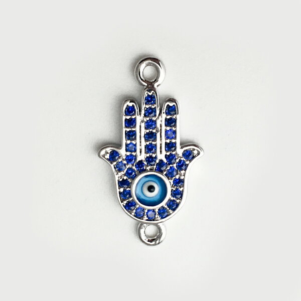 【アクセサリーパーツ】《高品質チャーム》ラインストーン付 ファティマの手 目玉 ハムサの手 モチーフ ジョイントパーツ ペンダントトップ シルバー×ブルーファティマの手 ファトマ ハムサ Fatma'nın Eli Fatma Hamsa Fatima's Hand Fatma Hamsa
