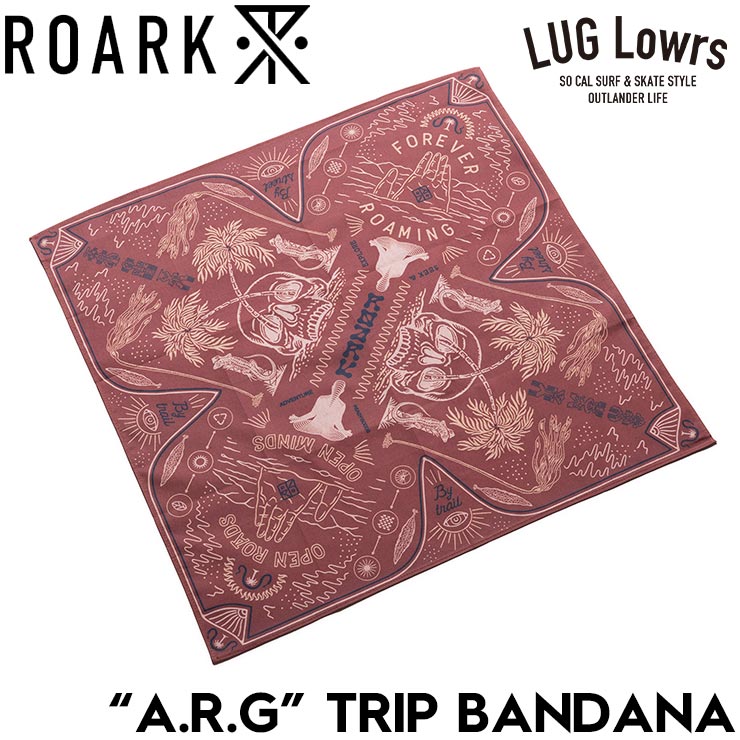 ROARKのトリップバンダナ 「 “A.R.G” TRIP BANDANA 」 RAJ1150-RED ROARKがチリでの旅からインスパイアされてデザインした“A.R.G” TRIP BANDANA。 旅の記憶やカルチャーを感じさせるグラフィックを全面に散りばめた、ROARKらしい存在感のあるバンダナです。 素材にはオーガニックコットン100％を使用。 生地は120gsmの適度な厚さに仕上げられ、旅先から日常まで幅広く使いやすい仕様です。 首元や頭に巻くバンダナとしてはもちろん、バッグのアクセントやハンカチ代わりなど、アイデア次第でさまざまな使い方が可能。 アウトドア、キャンプ、サーフ、バイク、トラベルシーンにもおすすめです。 繰り返し使用できるZIPパックにパッキングされているため、持ち運びや保管にも便利。 ROARKの旅の世界観を気軽に取り入れられるアクセサリーです。 サイズ：フリー 縦52cm / 横53cm ※サイズはメーカーサイトの表記となります。 カラー：RED レッド 素材：オーガニックコットン100％ 生地：120gsm ※総柄デザインの為、実際のパターンと異なる場合があります。 ※メール便 クリックポスト、ゆうパケットでの発送となります。 基本的にはポスト投函となり、日時時間指定は出来ません。 地域にもよりますが発送完了まで1-5日ほどかかります。 お急ぎの場合はご相談下さい。 別料金になりますが速達対応も可能です。ご希望の方はご連絡下さいませ。 ※お使いのモニターや機種によって、色の見え方が掲載の写真と異なる場合がございます。 ※ブランドまたはアイテムにより、表記のサイズに若干の差がある場合がございます。 ※販売価格は入荷の時期によって変動する場合があります。予めご了承下さいませ。 ※店頭や他サイトでも販売しておりますので、随時在庫が変動しております。 ご注文が確定しても、タイミングによっては商品がご用意出来ない場合がございます。 メーカー取り寄せになる場合がございますので、お急ぎの場合、お届けご希望日がある場合は、 お手数ですがメール、お電話にてお問い合わせ下さいませ。 ご注文後にやむを得ずキャンセルをされる場合は30分以内にキャンセル手続き、または当店にご連絡をお願い申し上げます。 30分を経過しますと発送の手続きが進む為、取り消しの手数料等が発生する場合がございます。何卒ご了承下さいませ。 #ROARK #ロアーク #ARGTRIPBANDANA #TRIPBANDANA #RAJ1150 #バンダナ #トリップバンダナ #メンズバンダナ #レディースバンダナ #ユニセックス #オーガニックコットン #コットンバンダナ #総柄バンダナ #レッドバンダナ #RED #アウトドア #キャンプ #トラベル #サーフスタイル #バイクスタイル #アメカジ #ストリートファッション #日本代理店正規品 #LUGLowrs