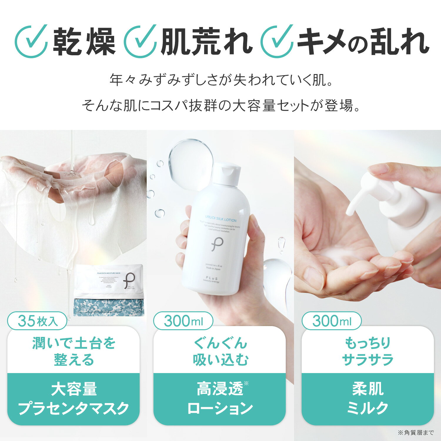 【40％OFF】大容量 スキンケア3点セット パック シートマスク 顔パック 化粧水 ローション 乳液 ミルク 保湿［プリュ 潤い土台持続ケアセット[プラセンタマスク（35枚入）＋ローション（ボトル：300ml）＋ミルク（ボトル：300ml）] ］ZZ 送料無料 luire-10006165 プリュ公式ショップ 楽天市場店 サンプル画像3