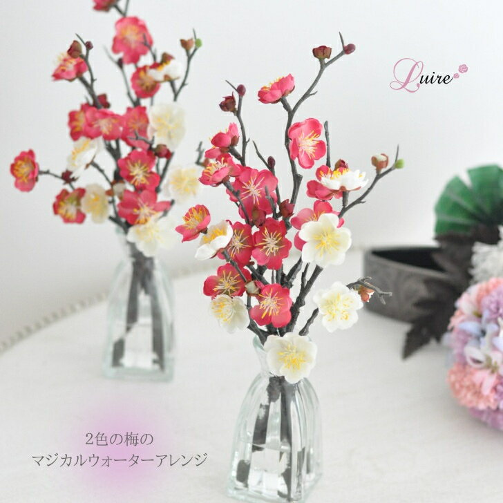 商品情報花材アーティフィシャルフラワー：梅3本マジカルウォーター花器ガラスサイズ「サイズ」幅約13cm×奥行約11cm×高さ約30cm注意書きモニター発色の具合により色合いが異なる場合がございます。【送料無料】梅 紅白 うめ マジカルウォーターアレンジ 魔法の水 マジカルウォーター アーティフィシャルフラワー 造花 フラワーギフト ラッピング無料 敬老の日 人工水 お手入れ不要 フラワーギフト うめ 梅 紅白 マジカルウォーター 魔法の水 敬老の日アーティフィシャルフラワー 造花 フラワーギフト ラッピング無料 人工水 枯れない 上質なアーティフィシャルフラワーを使用したマジカルウォーターアレンジです。花びら、枝までとてもリアルな梅をフェイクウォーター（マジカルウォーター）にアレンジしました。アーティフィシャルフラワー（高級造花）ですので、半永久的に飾っていただけます。ガラスは柔らかいフォルムの高級感ある花器を使用しています。マジカルウォーターは、シリコン樹脂が主成分の人工水（フェイクウォーター）ですので、近くで見ても本物のお水のようにみえます。固まっていますので、倒してもこぼれることはありません。また、水換え不要ですのでお手入れの手間がかからず、みずみずしい生花のようなアレンジを1年中お楽しみいただけます。光に当たるとキラキラしてより透明度を感じることができます。プレゼント、ご自宅のインテリア、どちらにもお勧めです。またアーティフィシャルフラワーは、ルイールがこだわった上質なものだけを使用しています。年々需要が高まり、今はウエディングブーケやホテル等の装飾でも選ばれております。「サイズ」☆ガラス花器とお花幅約13cm×奥行約11cm×高さ約30cm「使用花材」アーティフィシャルフラワー：梅マジカルウォーター花器ガラス 5